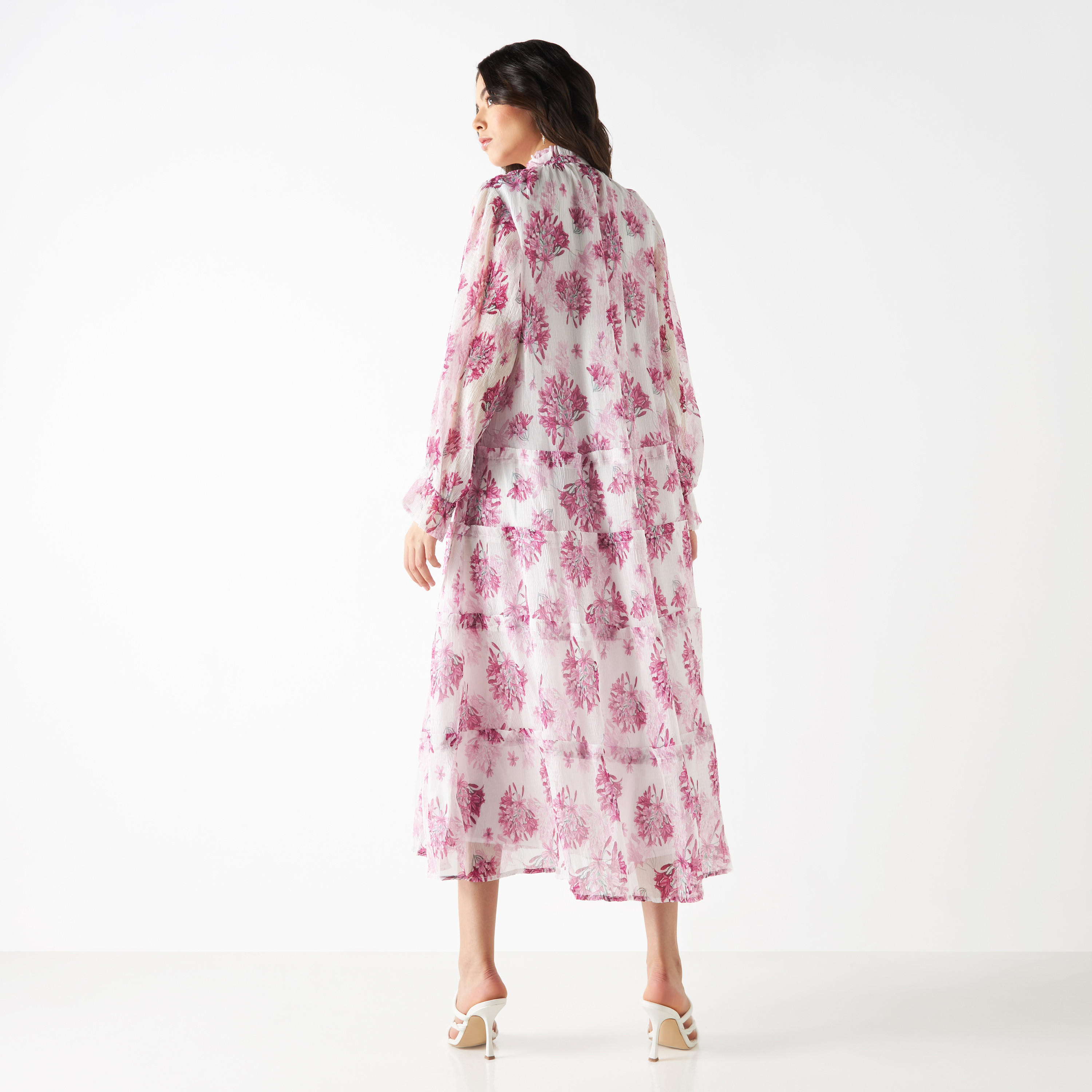 Iconic All-Over Floral Print Tiered Dress with Long Sleeves and Neck Tie-Ups-women-clothing-dresses-image-6
