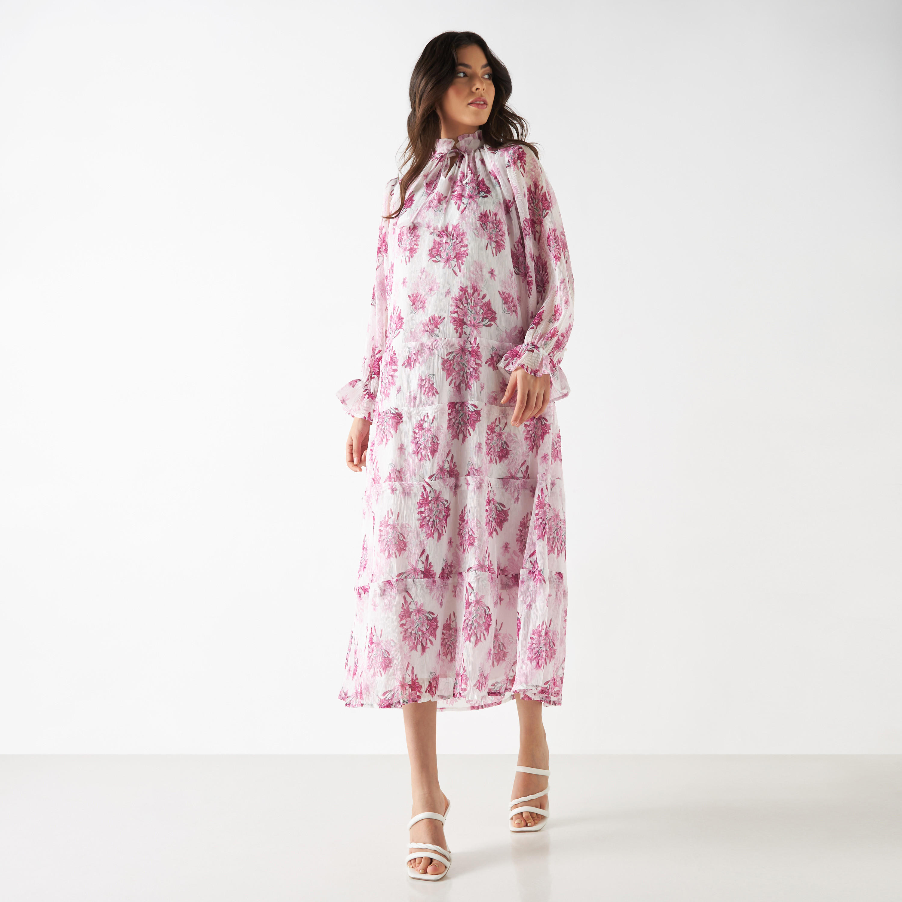 Iconic All-Over Floral Print Tiered Dress with Long Sleeves and Neck Tie-Ups-women-clothing-dresses-image-7