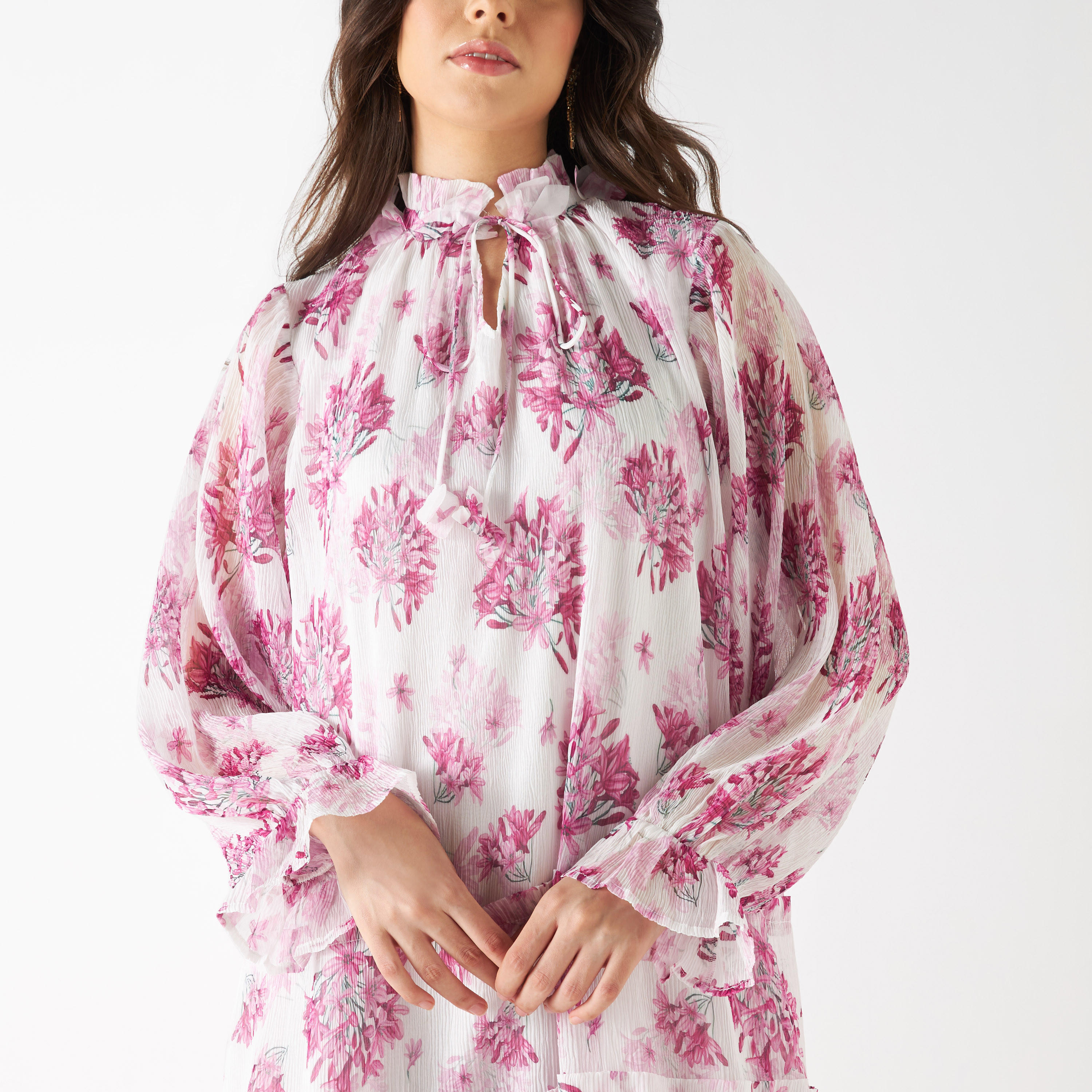 Iconic All-Over Floral Print Tiered Dress with Long Sleeves and Neck Tie-Ups-women-clothing-dresses-image-8