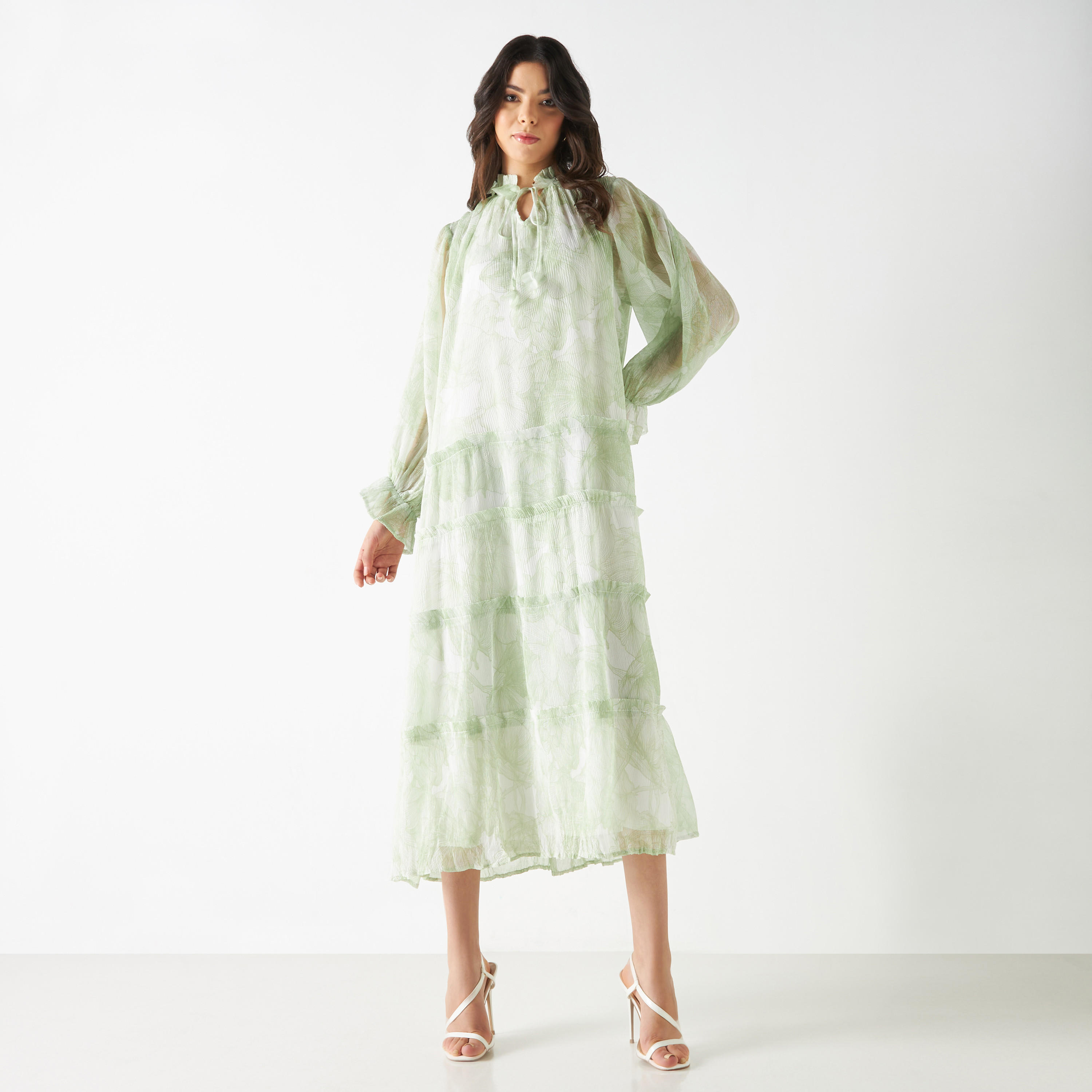 Iconic All-Over Floral Print Tiered Dress with Long Sleeves and Neck Tie-Ups-women-clothing-dresses-image-1