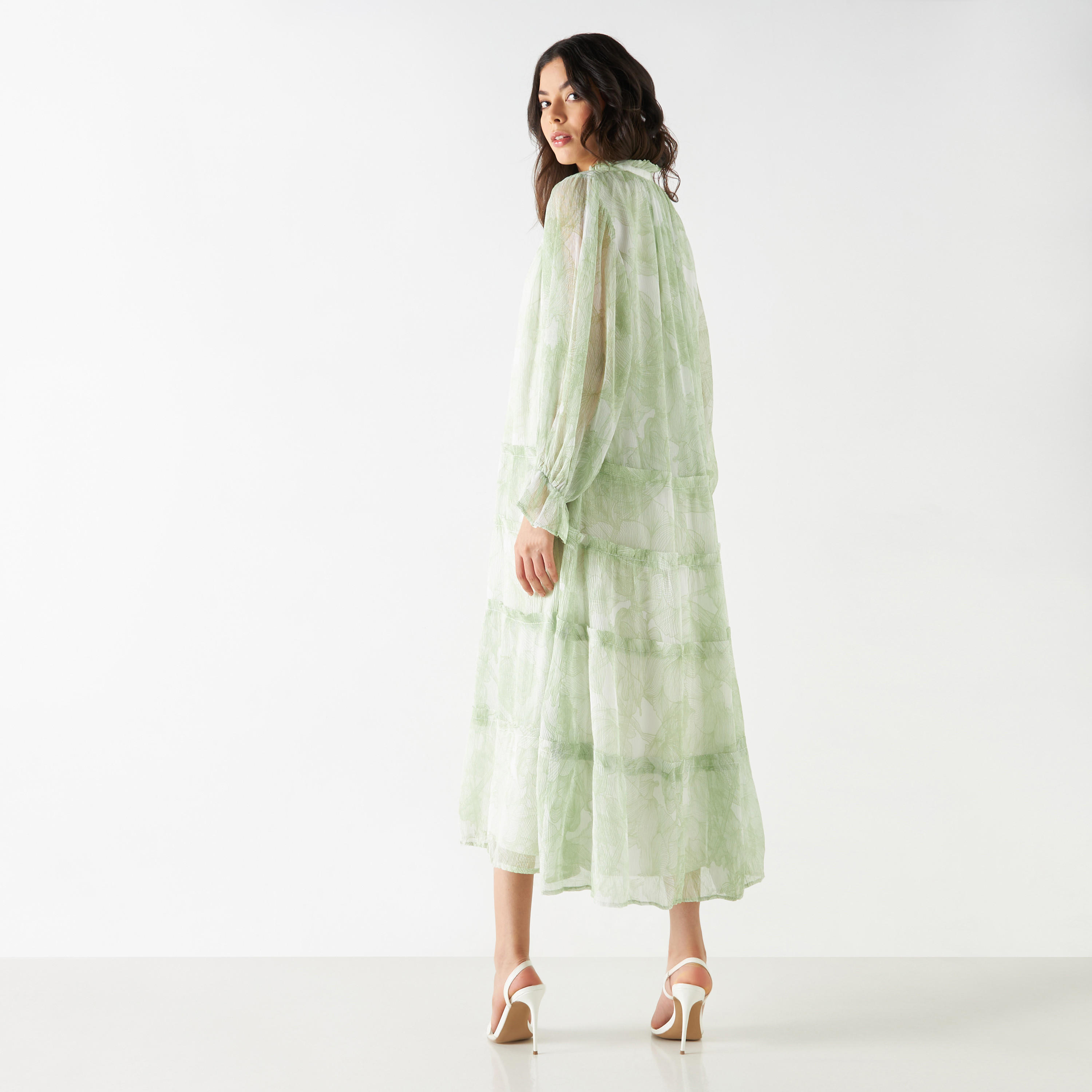 Iconic All-Over Floral Print Tiered Dress with Long Sleeves and Neck Tie-Ups-women-clothing-dresses-image-2