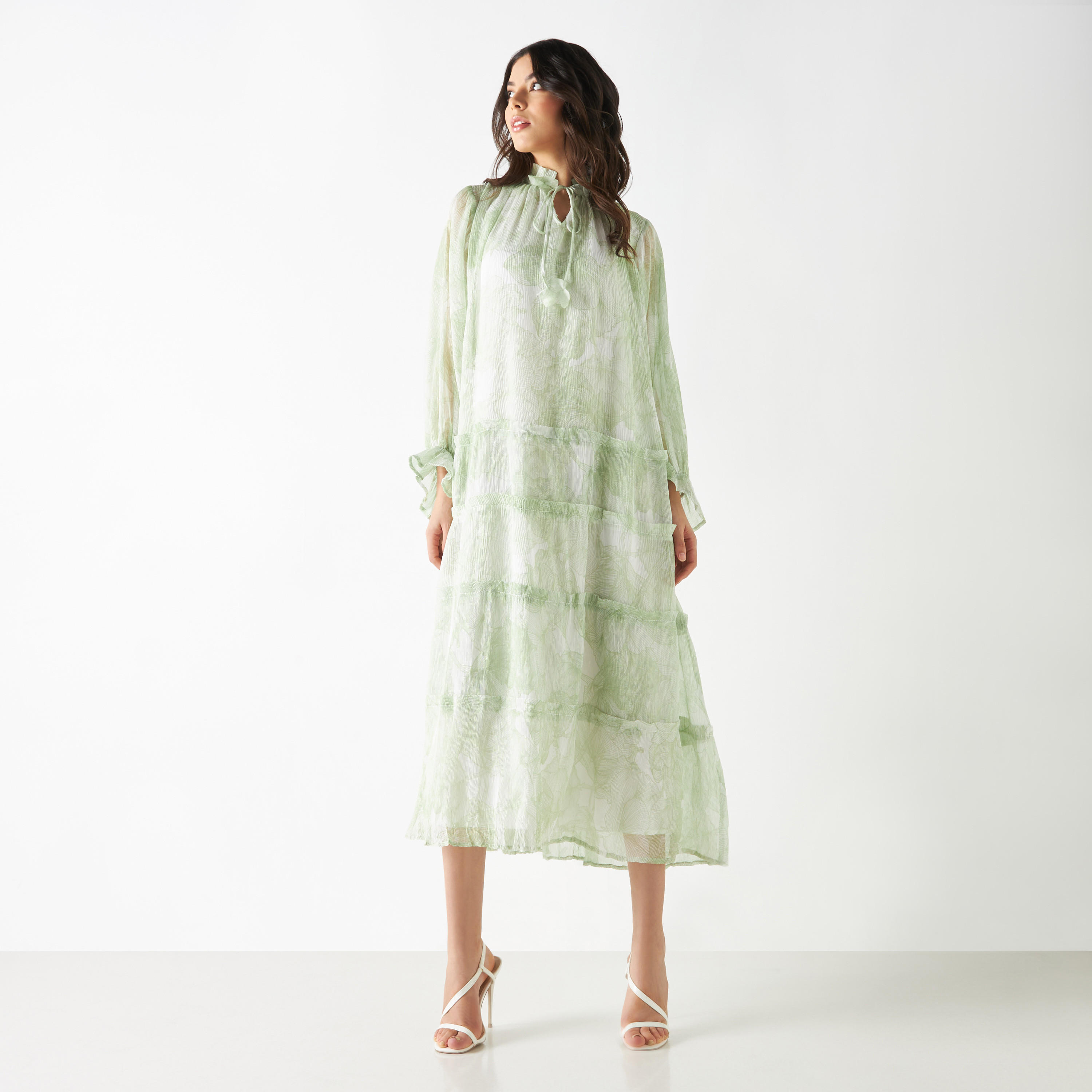 Iconic All-Over Floral Print Tiered Dress with Long Sleeves and Neck Tie-Ups-women-clothing-dresses-image-3