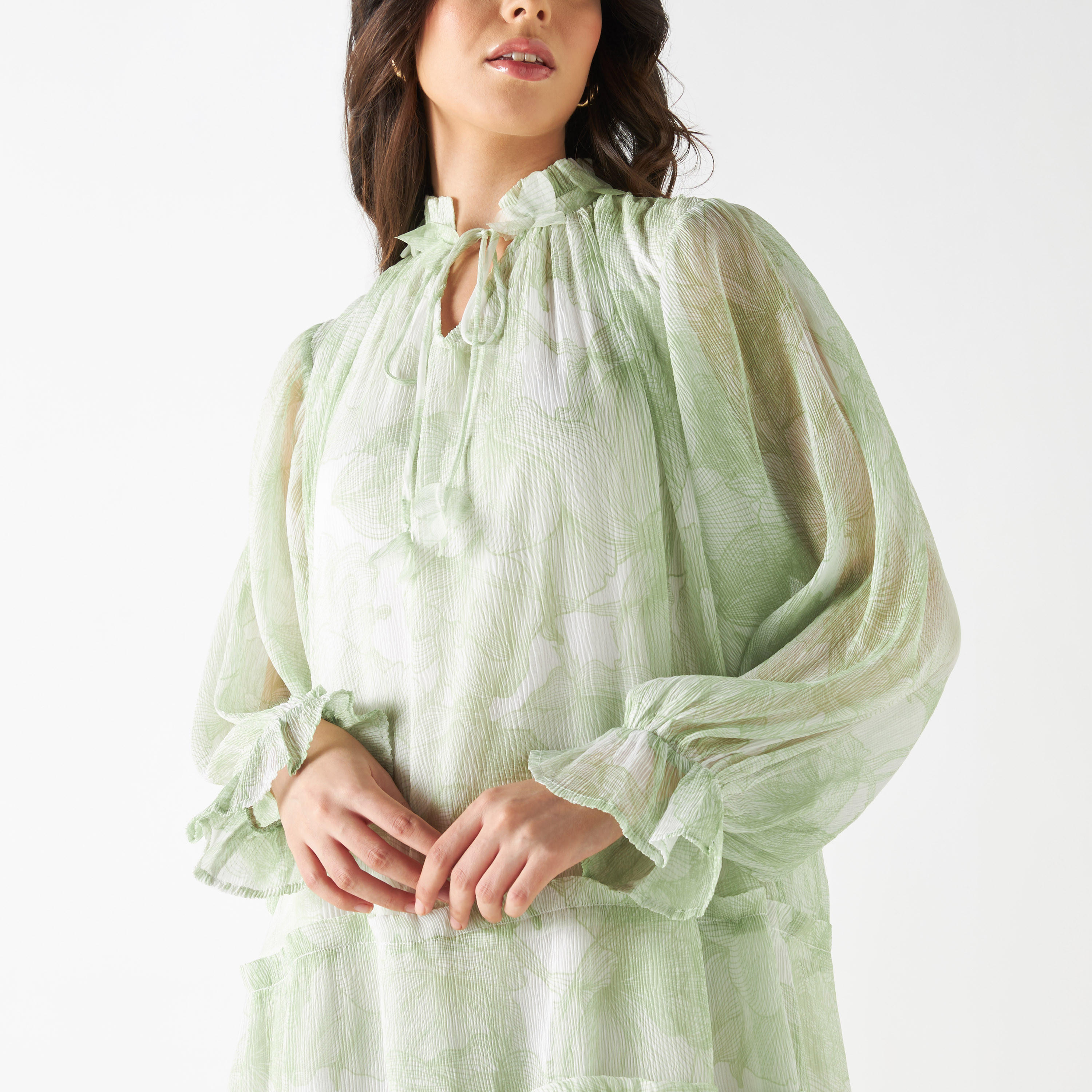 Iconic All-Over Floral Print Tiered Dress with Long Sleeves and Neck Tie-Ups-women-clothing-dresses-image-4