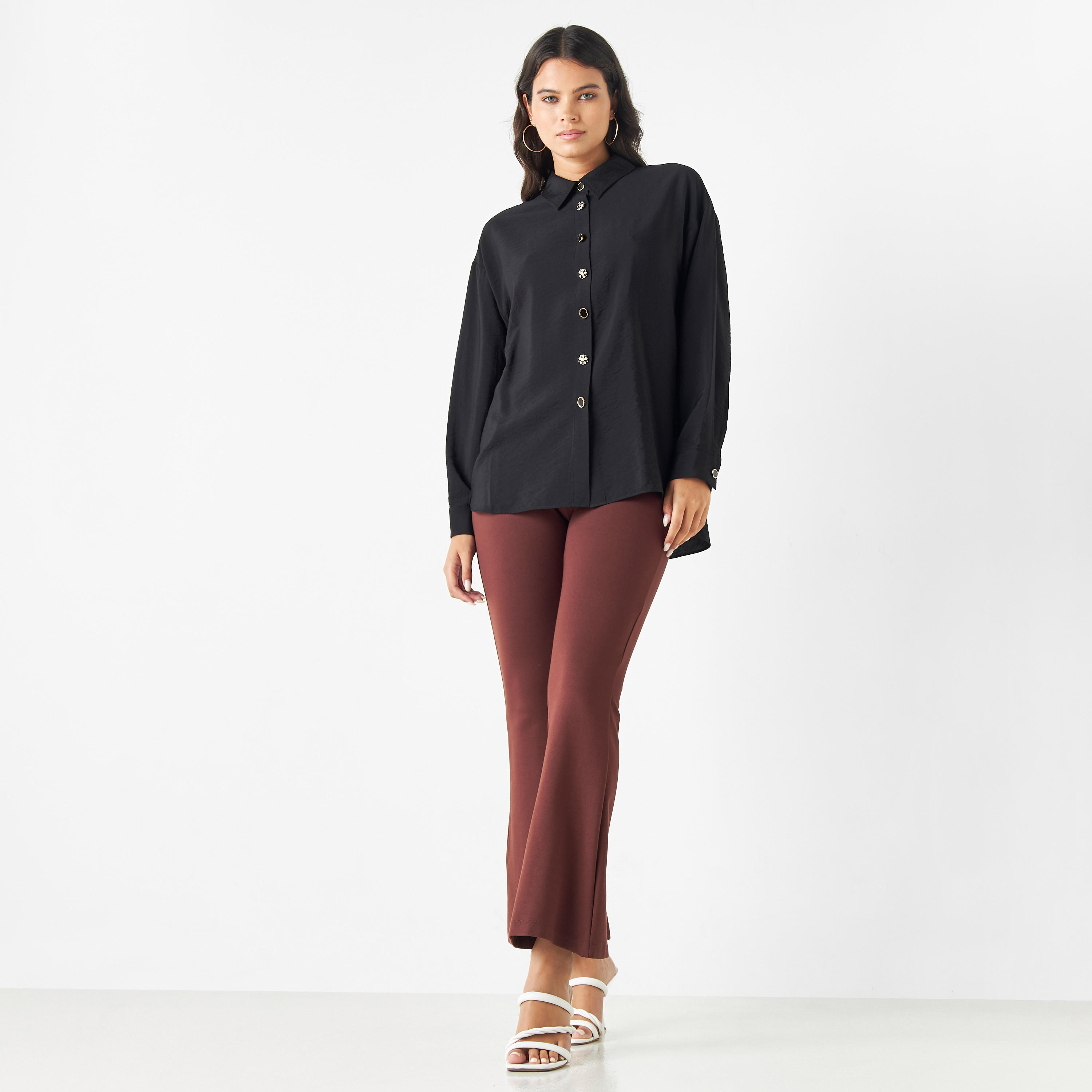 قميص سادة بأكمام طويلة وأزرار مزينة من آيكونيك-women-clothing-shirtsandblouses-shirts-image-6