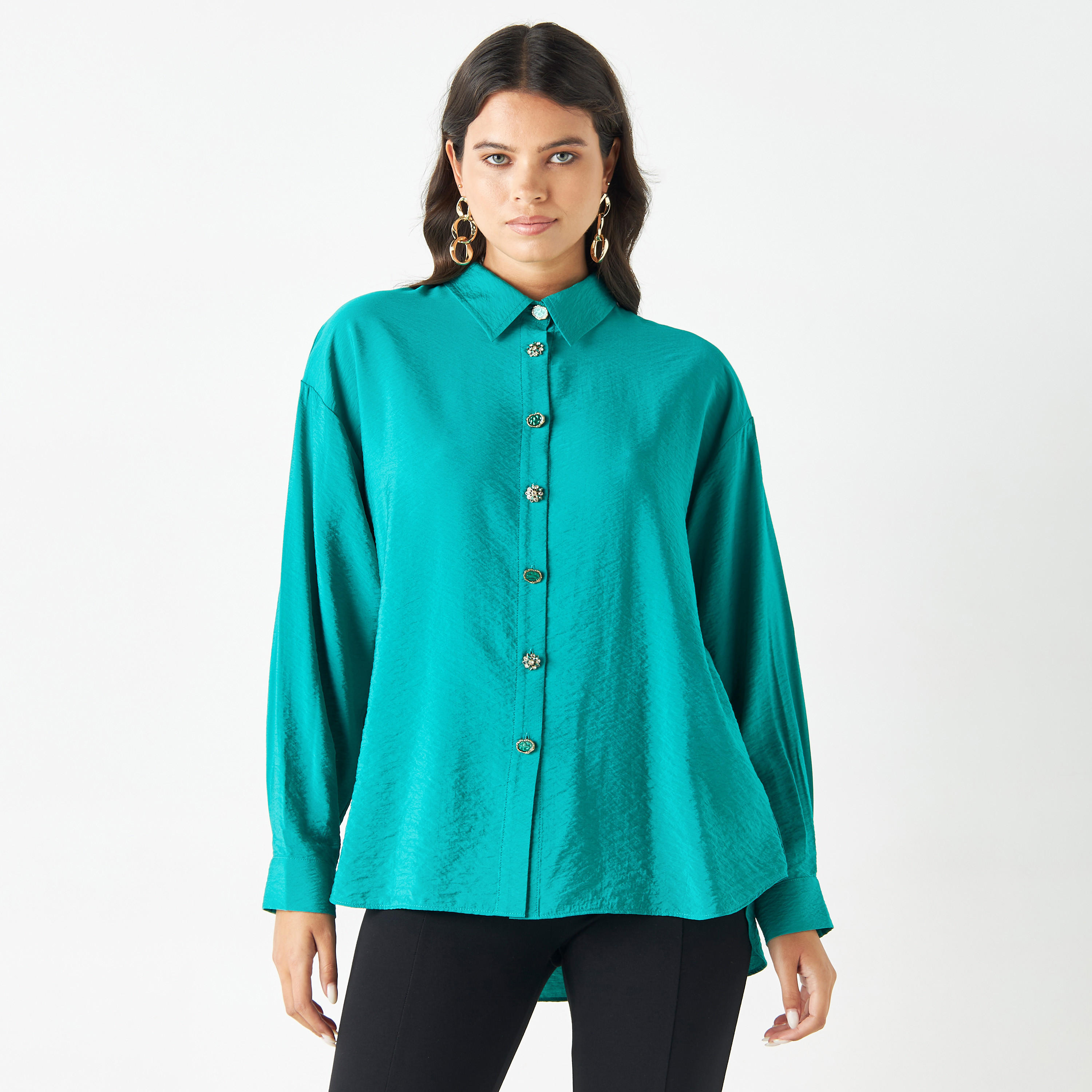 قميص سادة بأكمام طويلة وأزرار مزينة من آيكونيك-women-clothing-shirtsandblouses-shirts-image-1