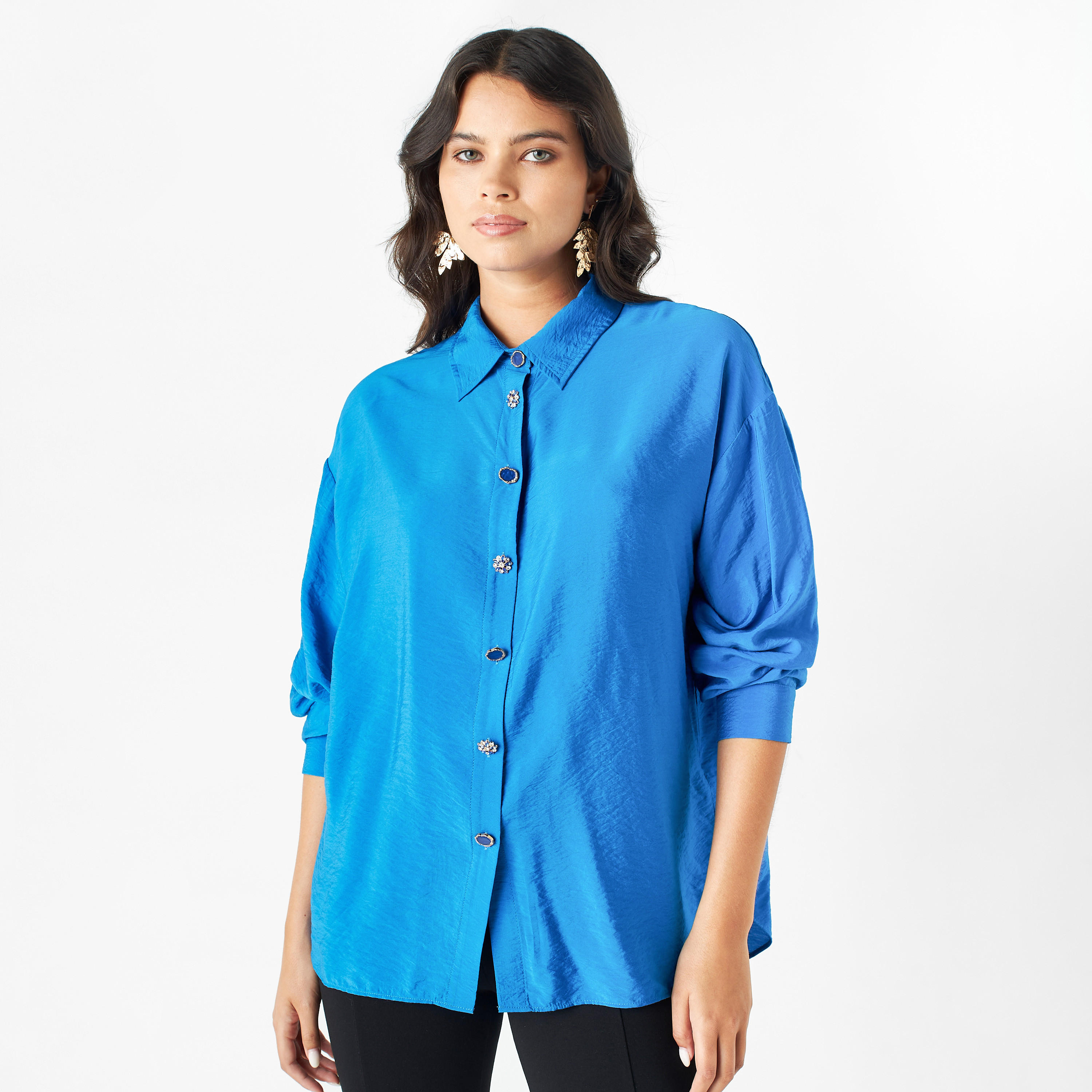 قميص سادة بأكمام طويلة وأزرار مزينة من آيكونيك-women-clothing-shirtsandblouses-shirts-image-13