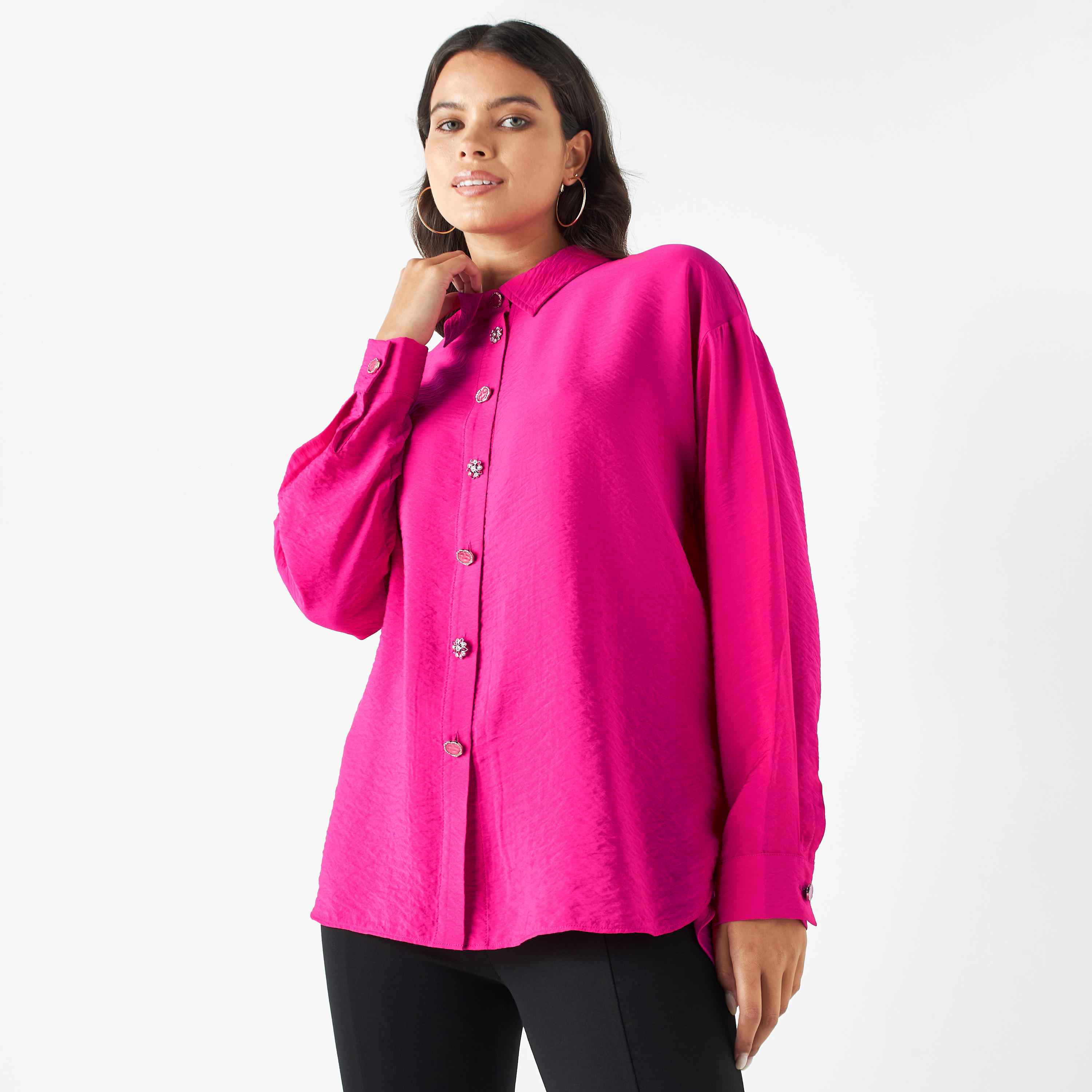 قميص سادة بأكمام طويلة وأزرار مزينة من آيكونيك-women-clothing-shirtsandblouses-shirts-image-9