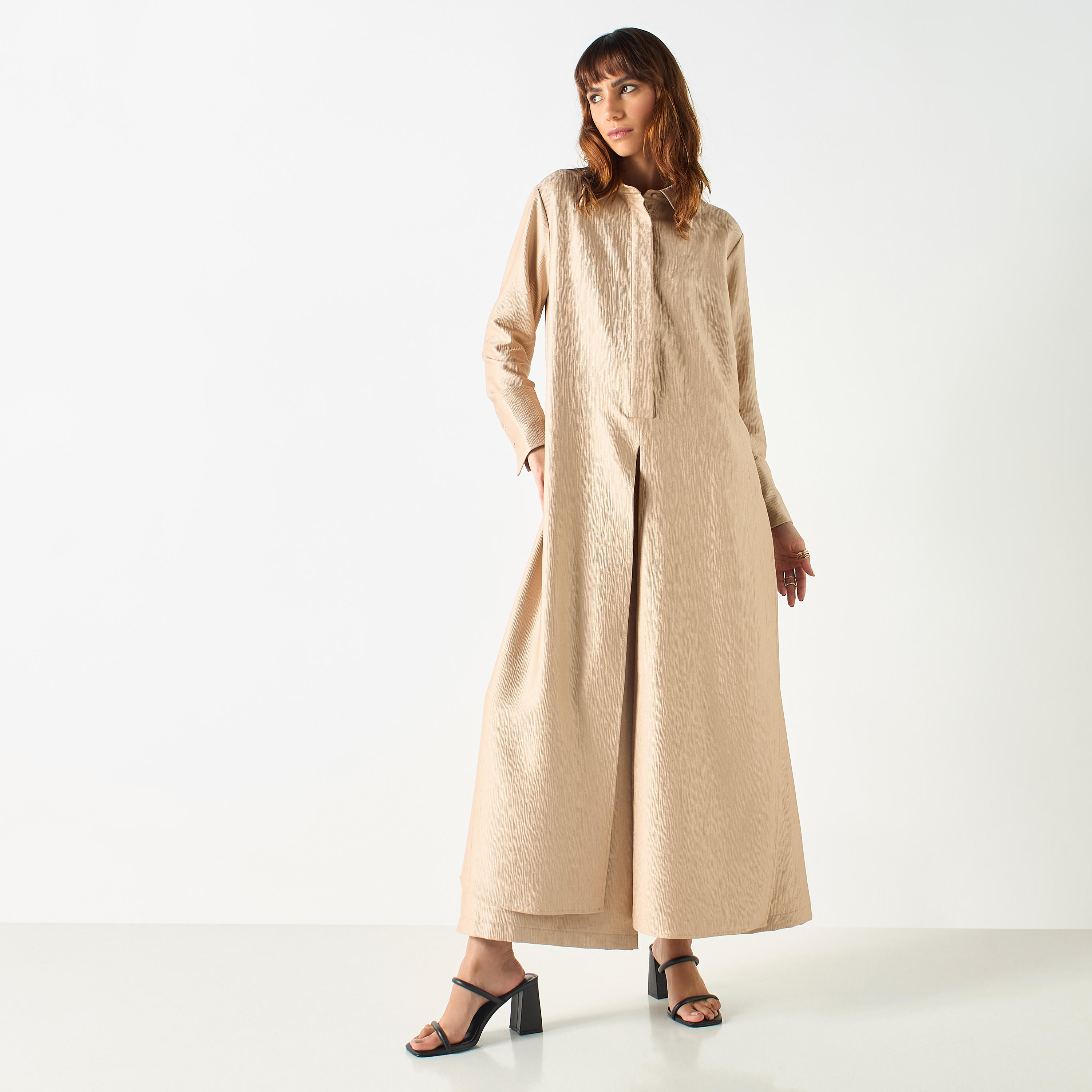 Iconic Textured Longline Shirt Tunic with Long Sleeves and Slit Detail-women-clothing-shirtsandblouses-shirts-image-1