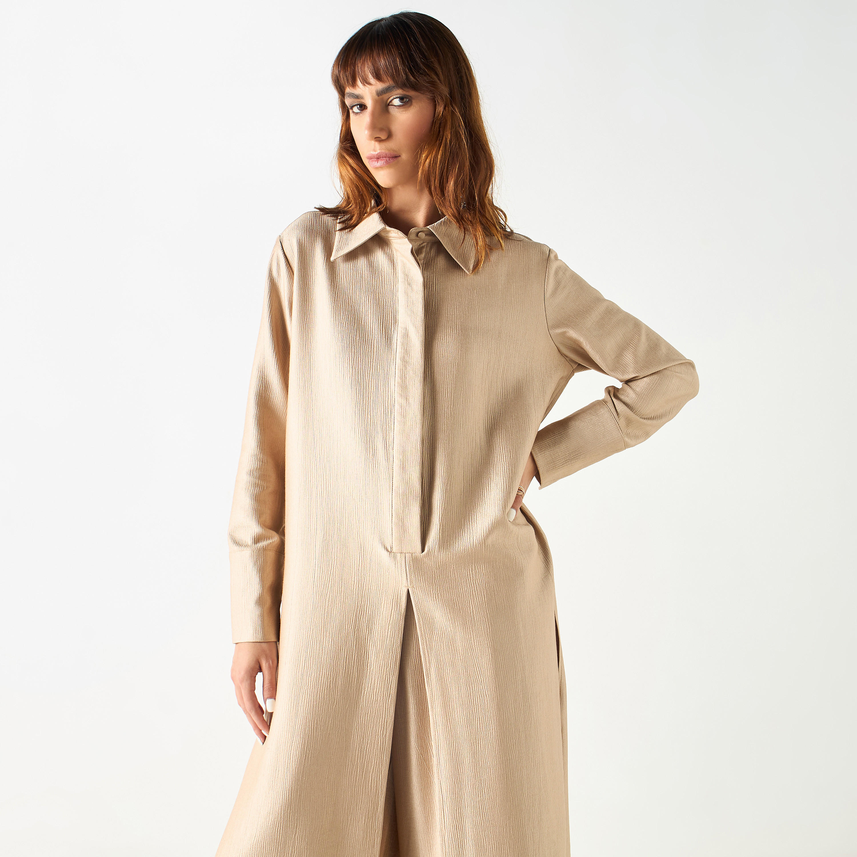 Iconic Textured Longline Shirt Tunic with Long Sleeves and Slit Detail-women-clothing-shirtsandblouses-shirts-image-2
