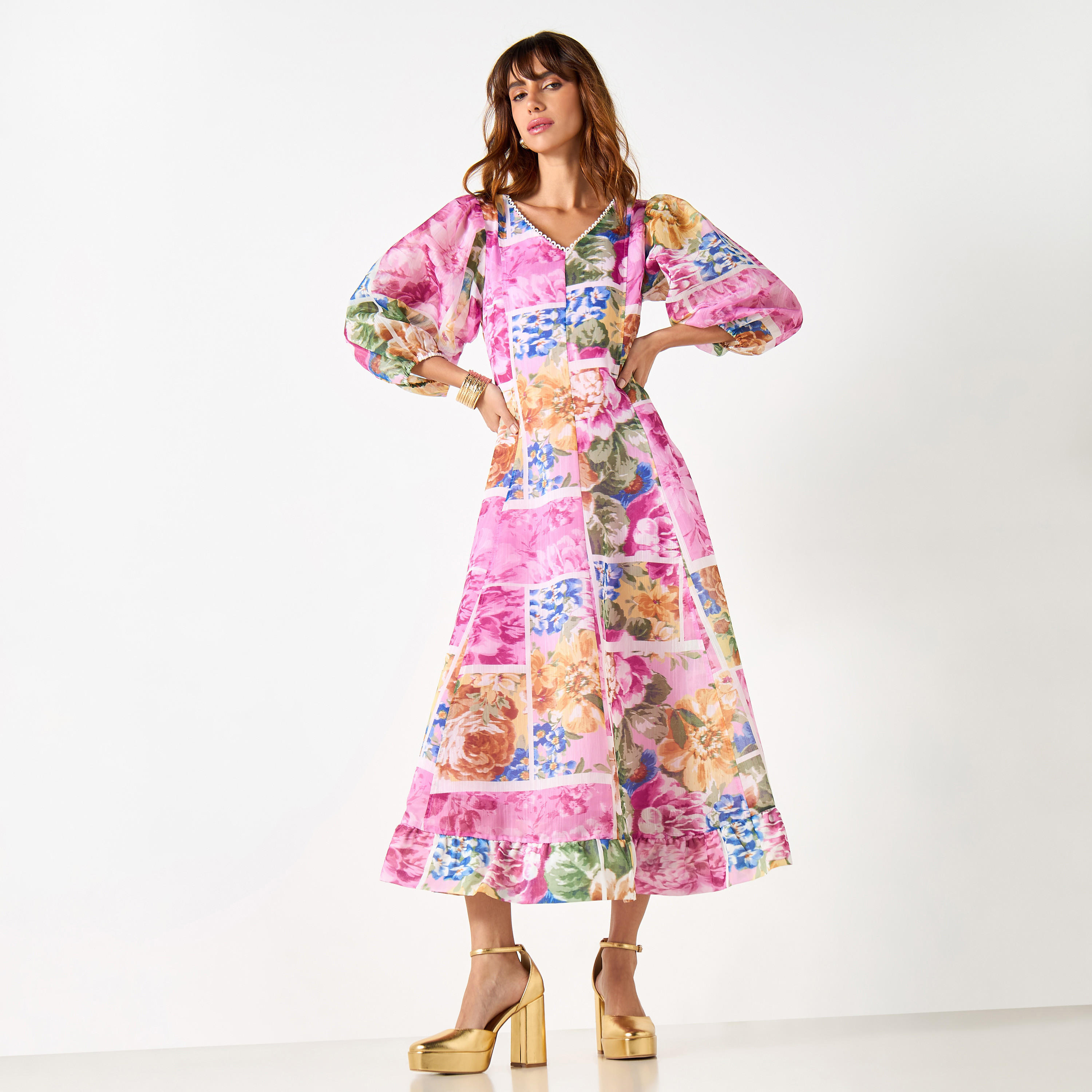 Iconic All-Over Floral Print Midi Dress with V-neck and 3/4 Sleeves-women-clothing-dresses-image-1