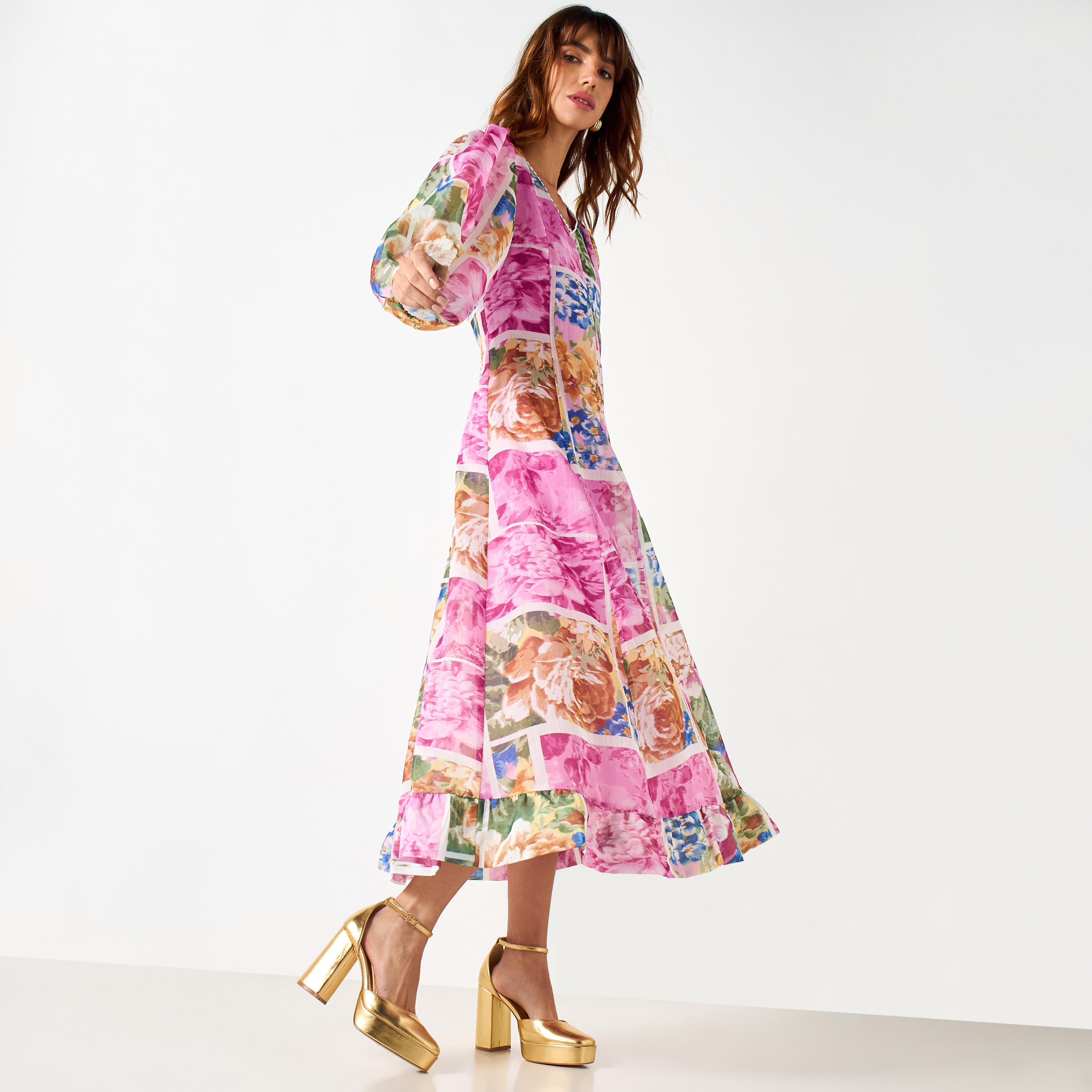 Iconic All-Over Floral Print Midi Dress with V-neck and 3/4 Sleeves-women-clothing-dresses-image-2