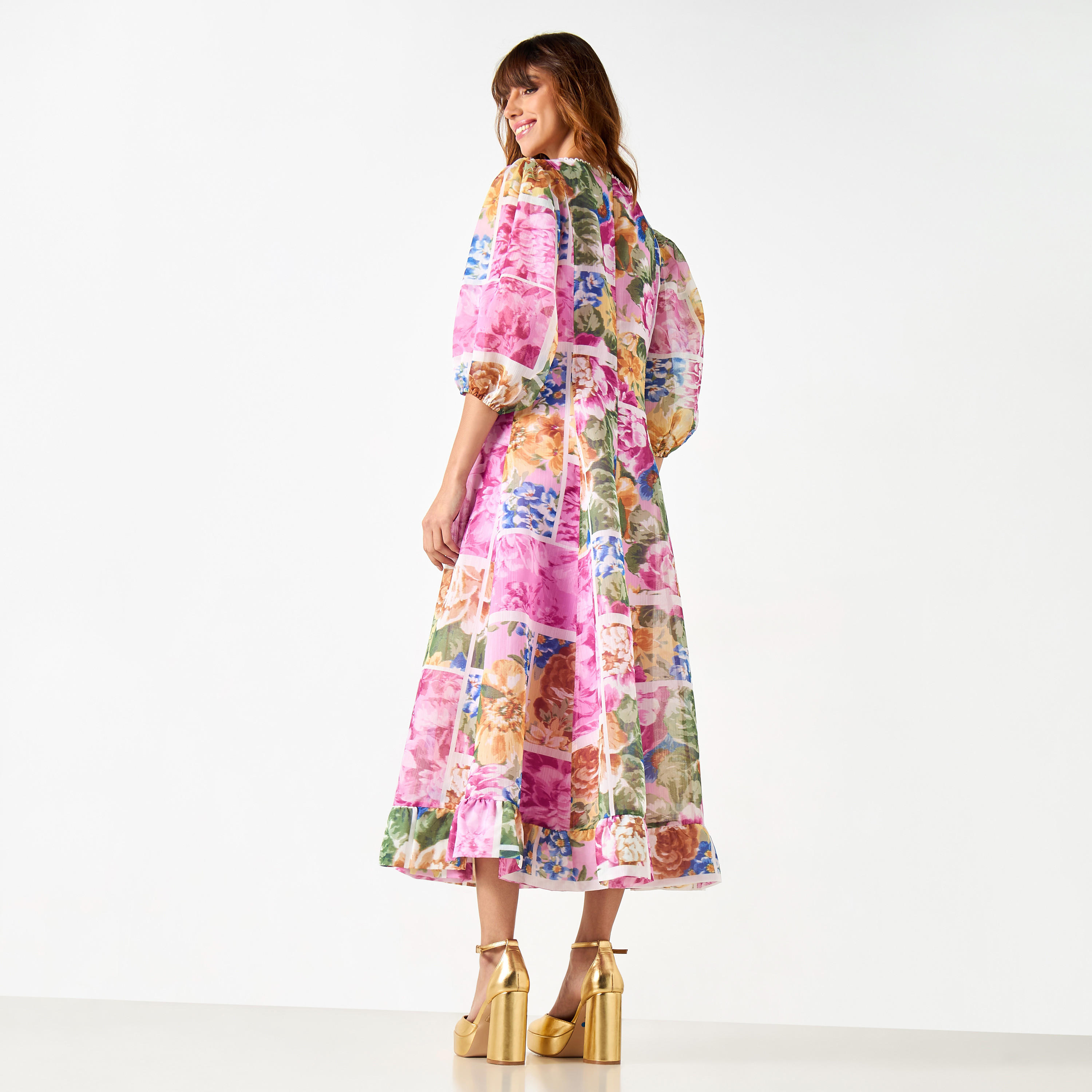 Iconic All-Over Floral Print Midi Dress with V-neck and 3/4 Sleeves-women-clothing-dresses-image-3