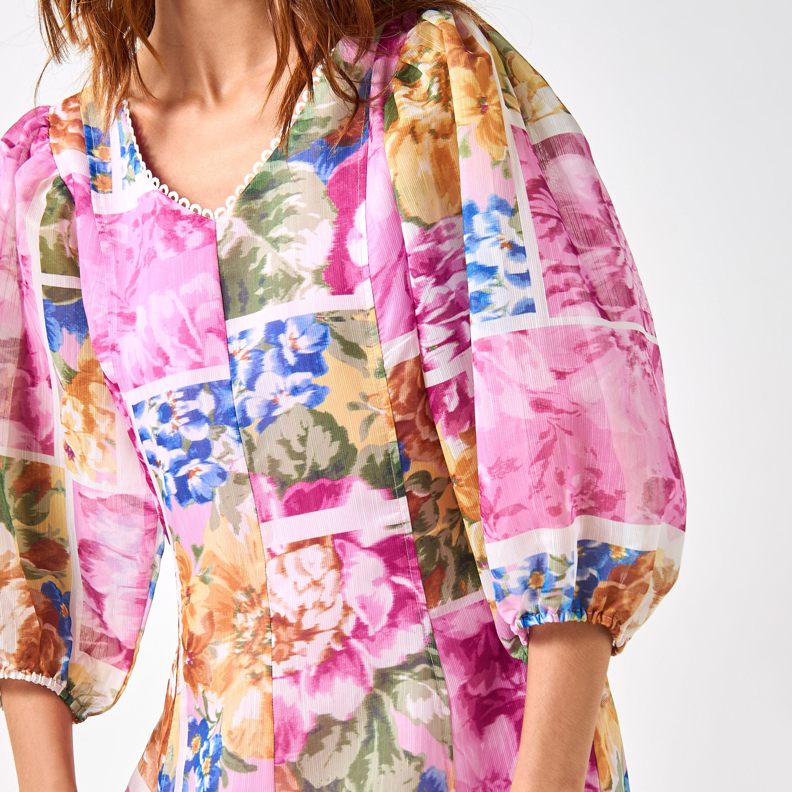 Iconic All-Over Floral Print Midi Dress with V-neck and 3/4 Sleeves-women-clothing-dresses-image-5