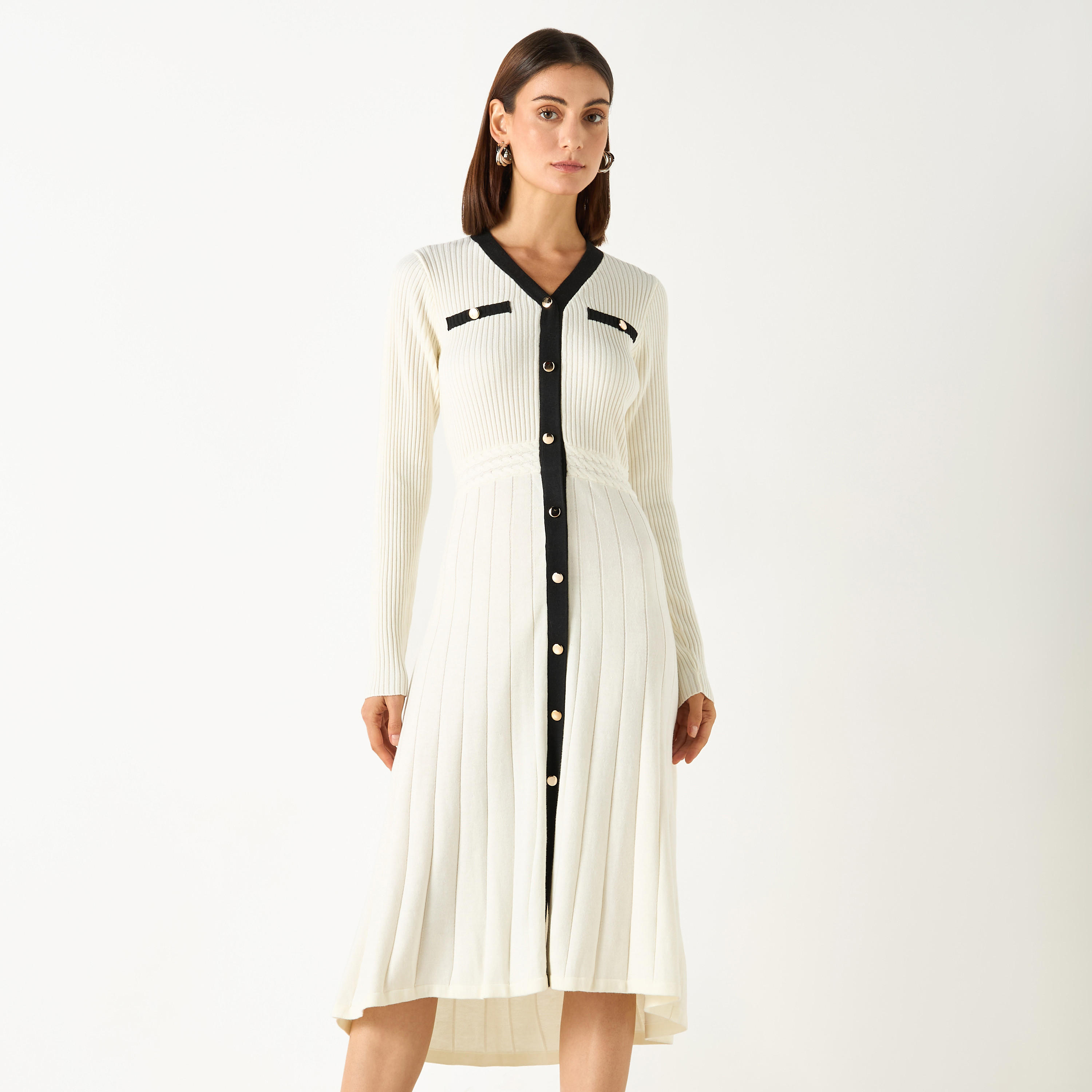 فستان إيه لاين بارز الملمس بأكمام طويلة وياقة V من آيكونيك-women-clothing-dresses-image-1