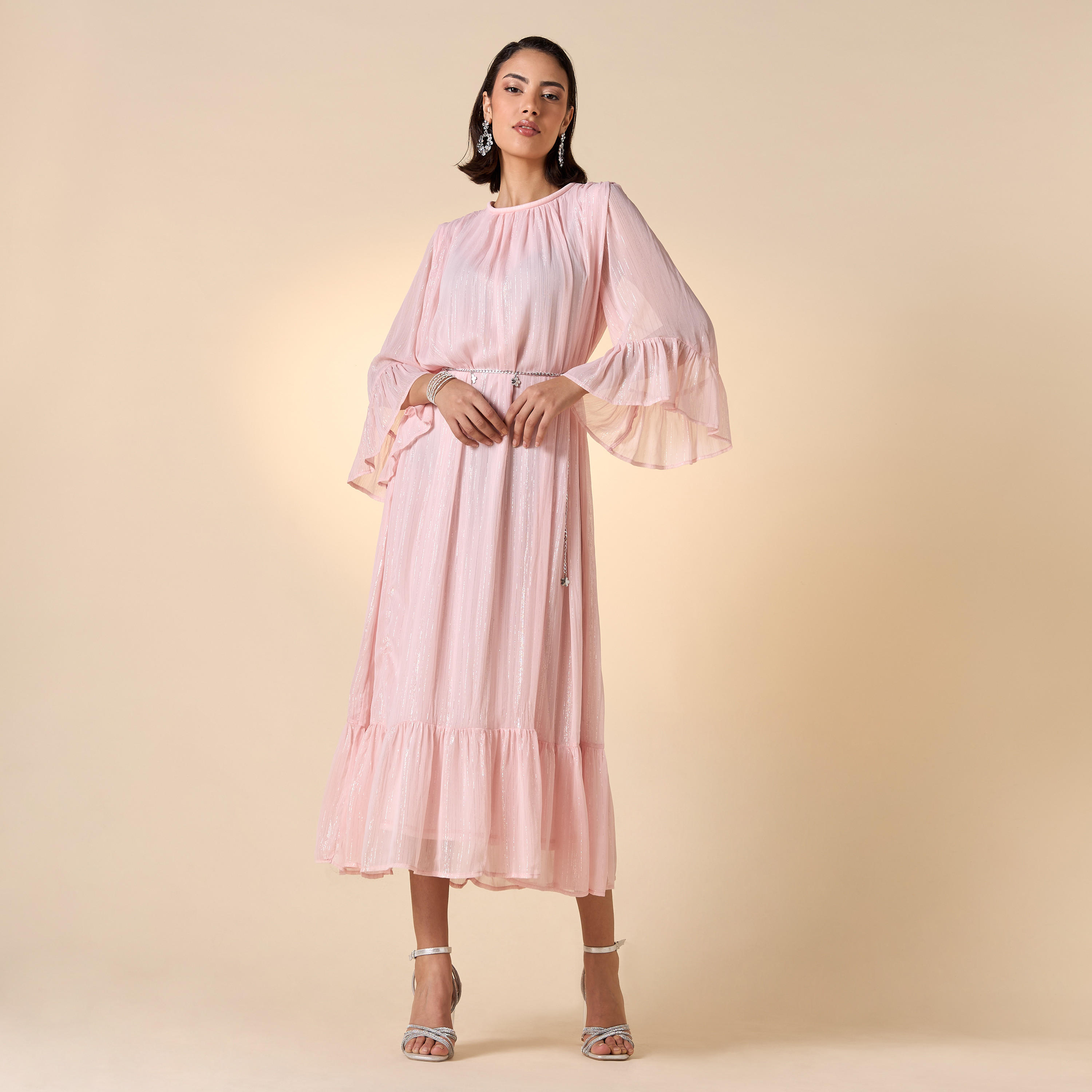 Shop Iconic Textured Midi Dress with Round Neck and 3/4 Sleeves