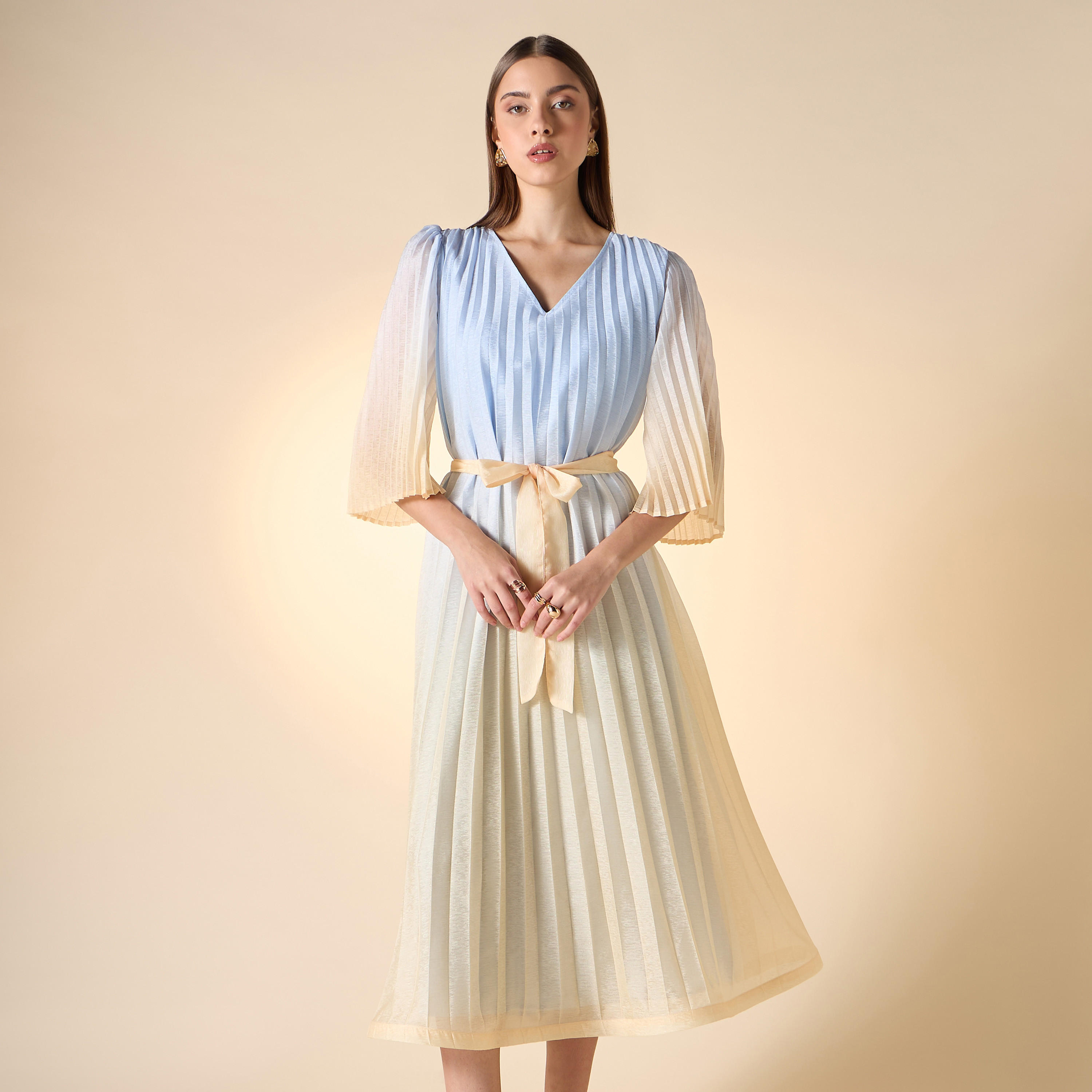 Iconic Pleated V-neck Dress with Tie-Up Belt and Flared Sleeves-women-clothing-dresses-image-1