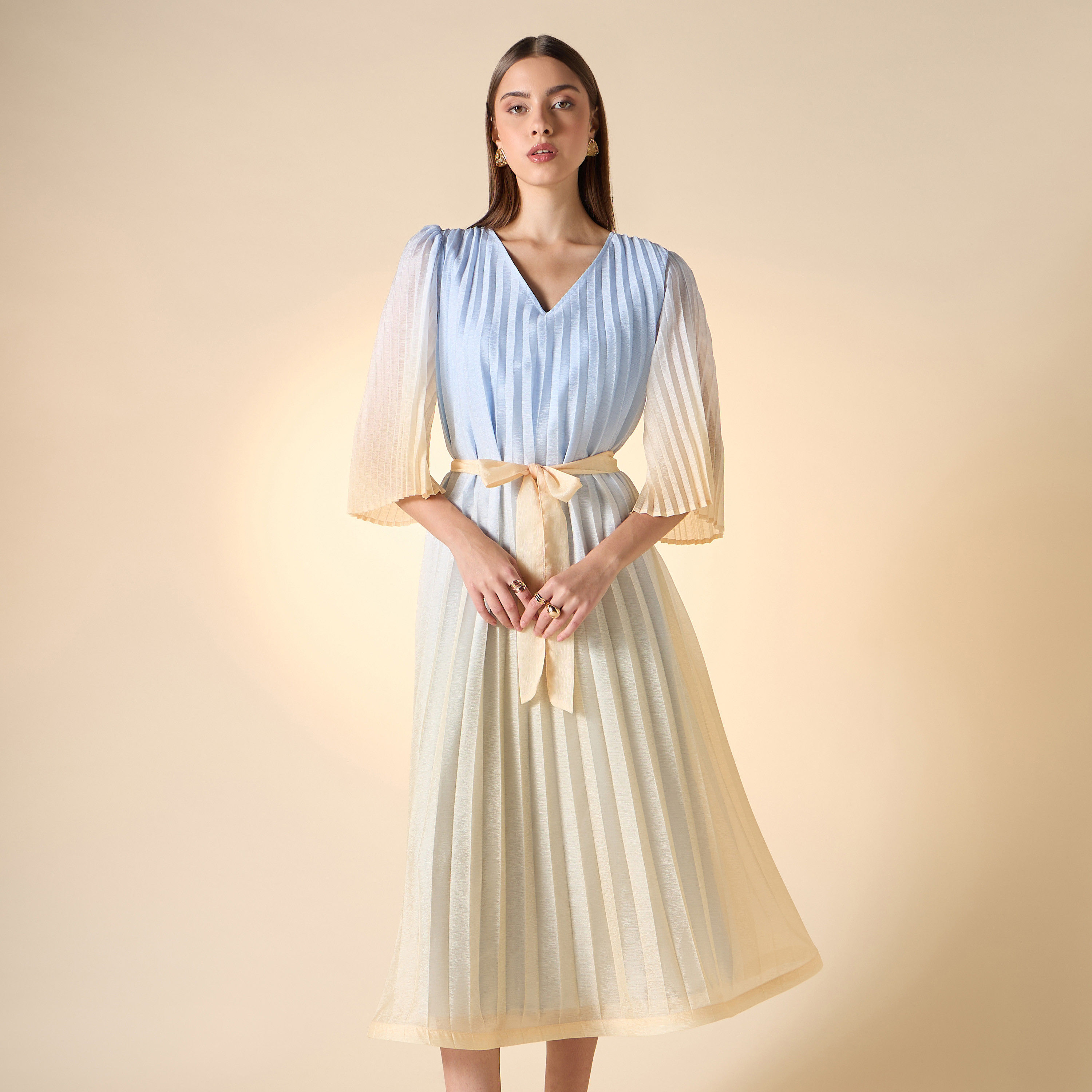 Iconic Pleated V-neck Dress with Tie-Up Belt and Flared Sleeves-women-clothing-dresses-image-1