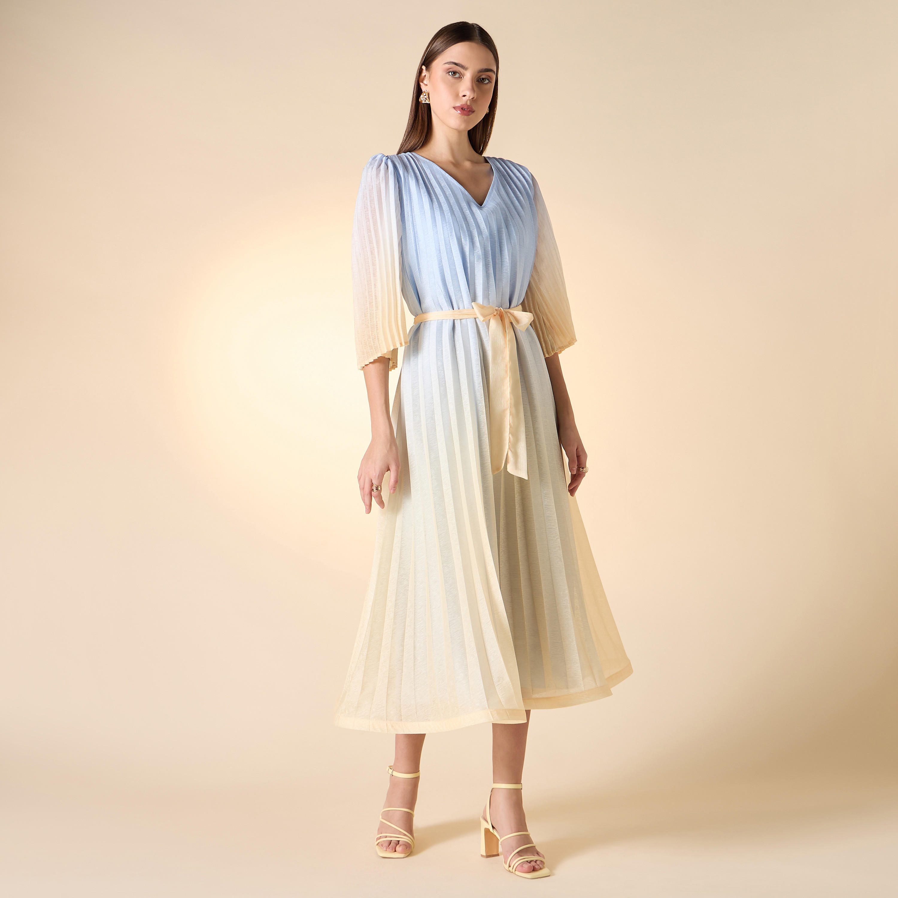 Iconic Pleated V-neck Dress with Tie-Up Belt and Flared Sleeves-women-clothing-dresses-image-2