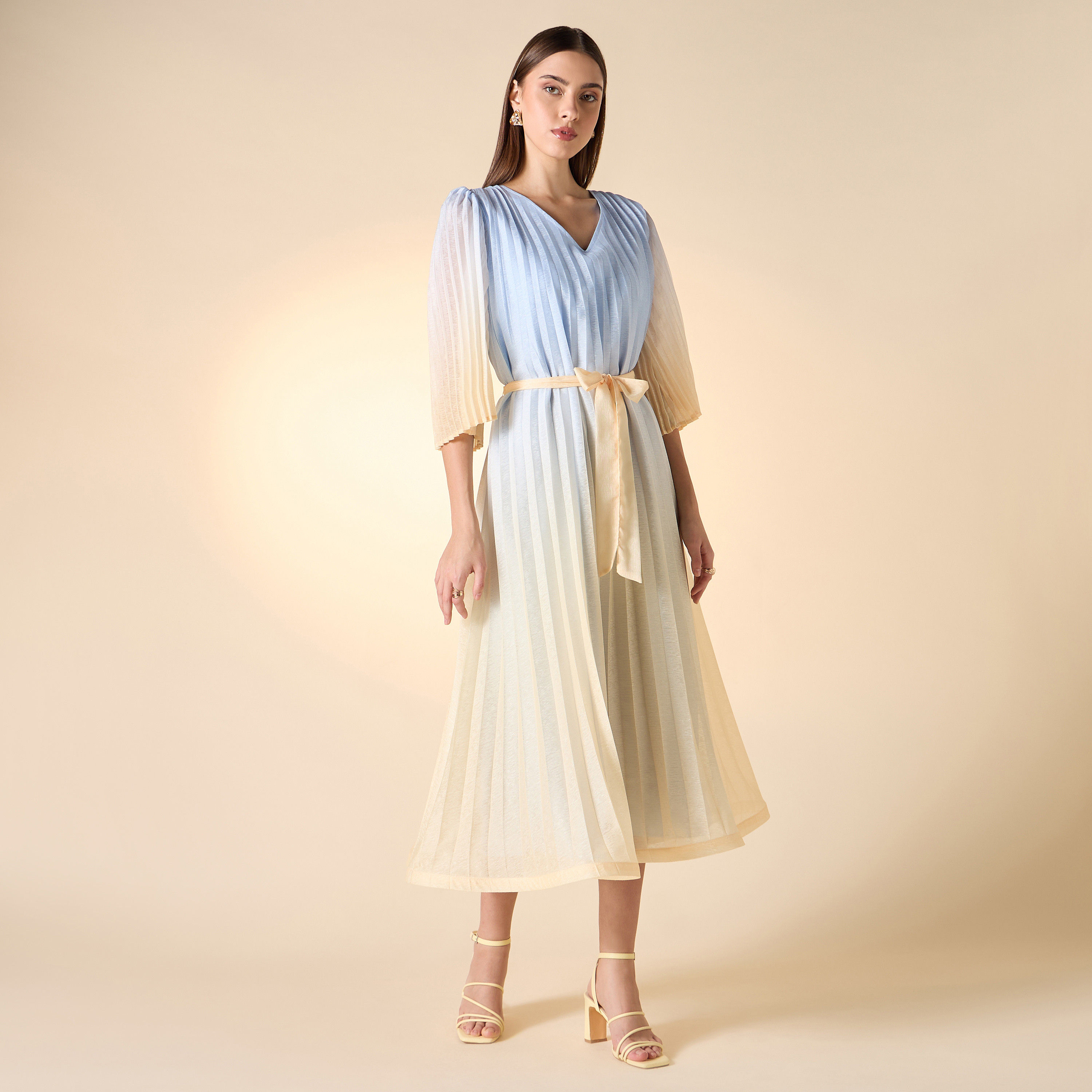 Iconic Pleated V-neck Dress with Tie-Up Belt and Flared Sleeves-women-clothing-dresses-image-2