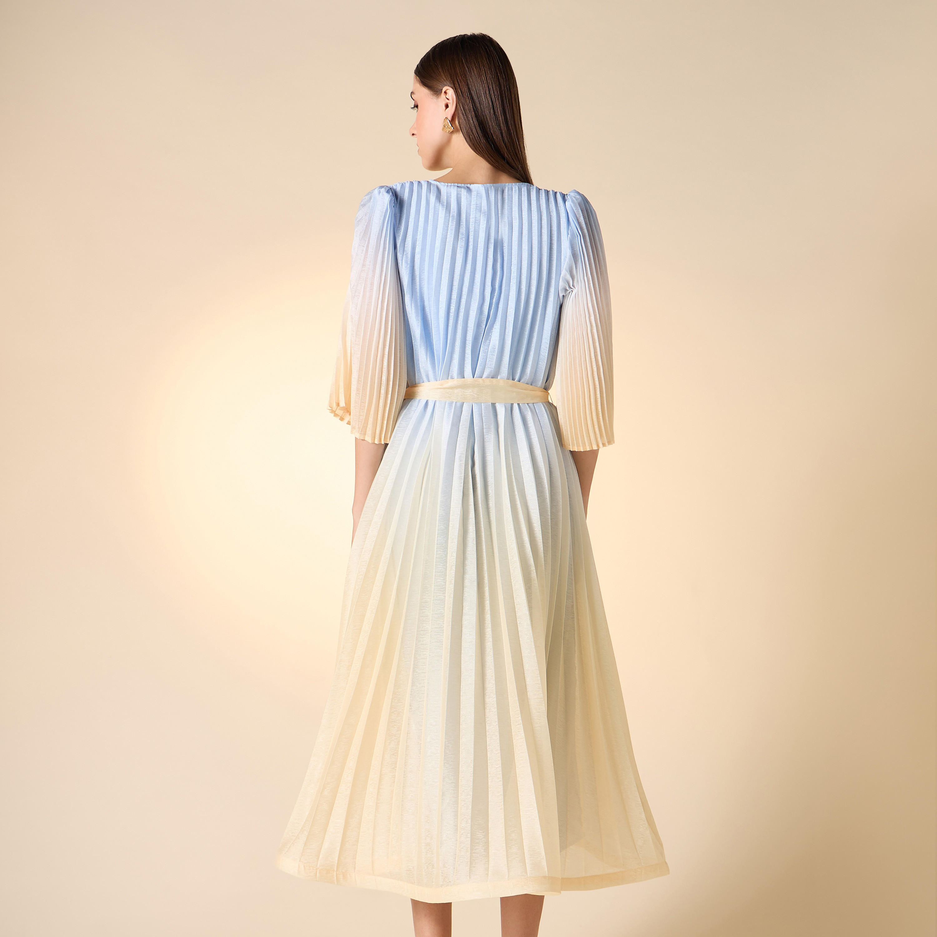 Iconic Pleated V-neck Dress with Tie-Up Belt and Flared Sleeves-women-clothing-dresses-image-3