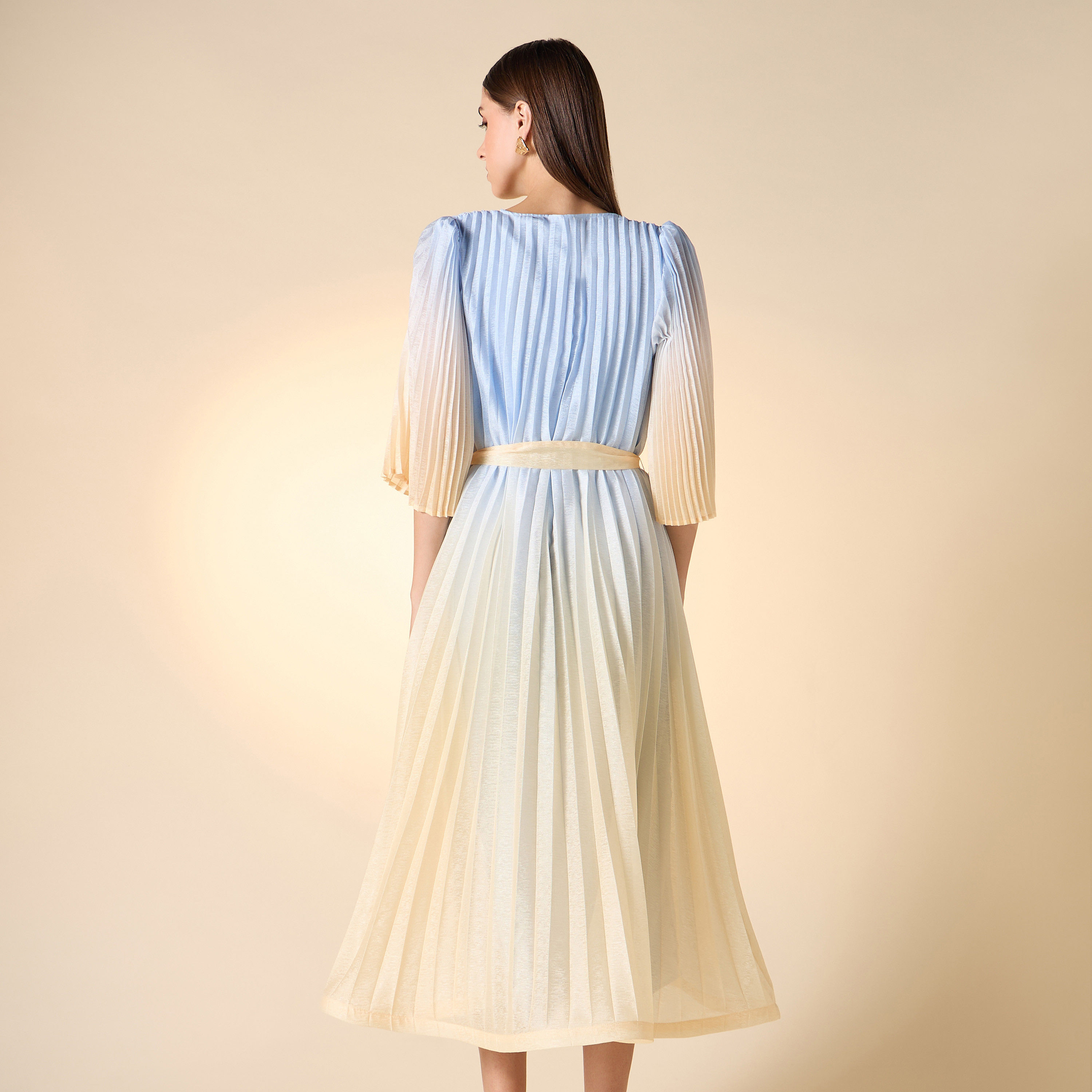 Iconic Pleated V-neck Dress with Tie-Up Belt and Flared Sleeves-women-clothing-dresses-image-3