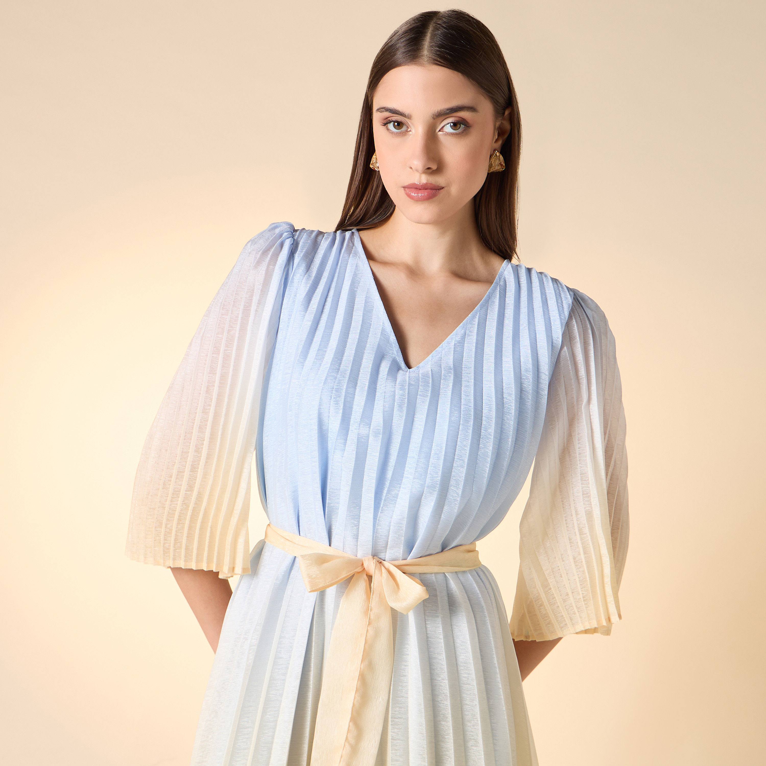 Iconic Pleated V-neck Dress with Tie-Up Belt and Flared Sleeves-women-clothing-dresses-image-4