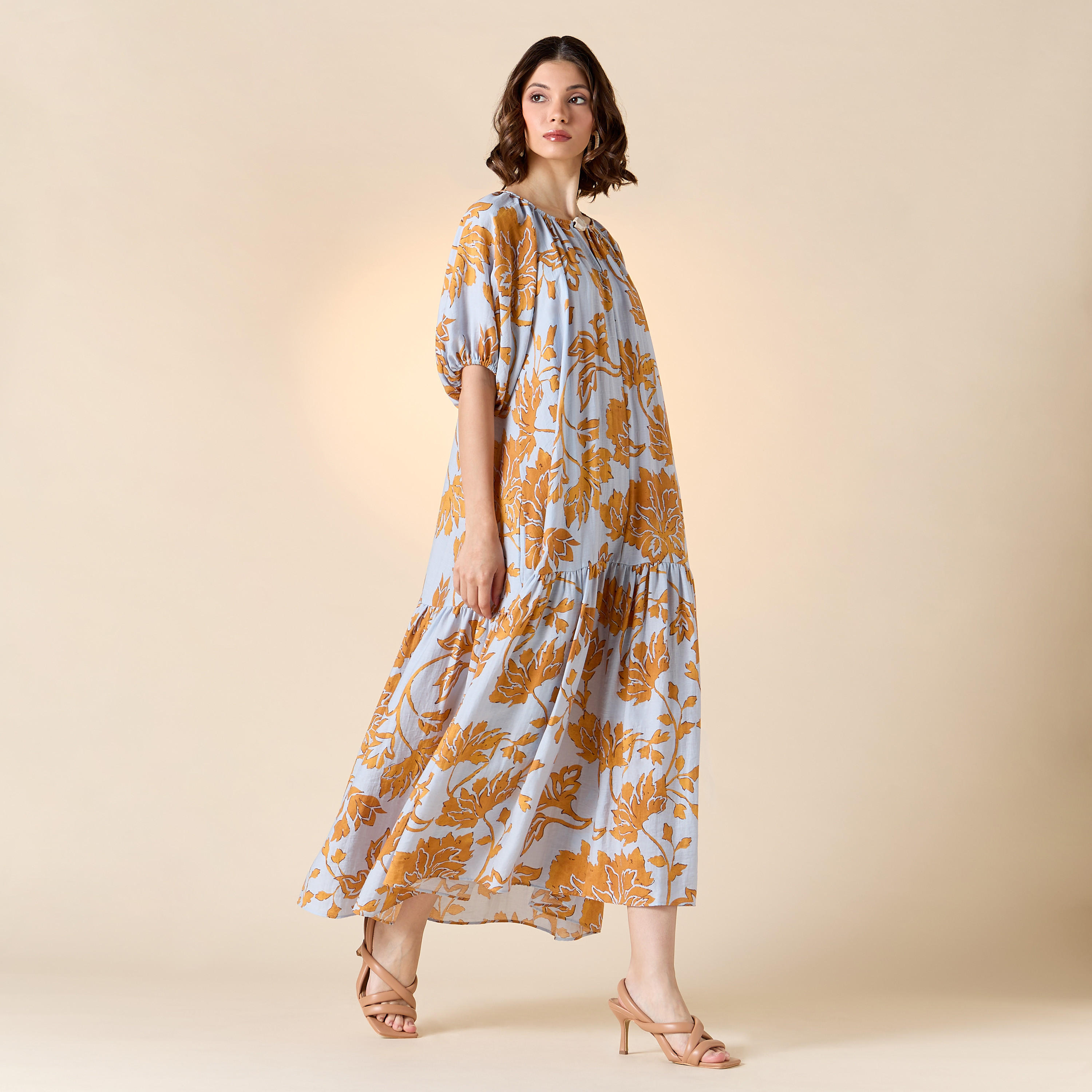 فستان إيه لاين بياقة بفتحة عنق وأكمام بالون وطبعات من آيكونيك-women-clothing-dresses-image-1