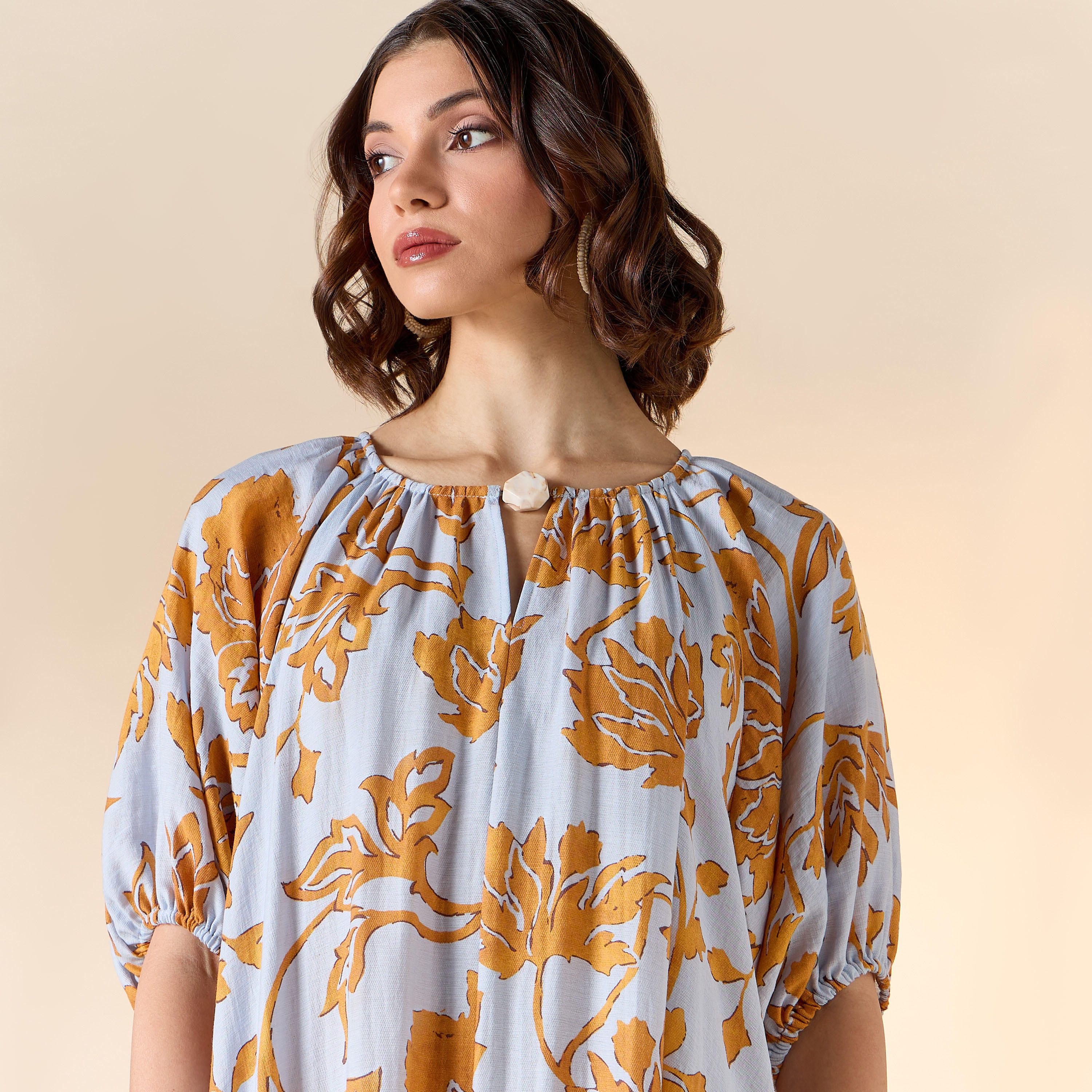 فستان إيه لاين بياقة بفتحة عنق وأكمام بالون وطبعات من آيكونيك-women-clothing-dresses-image-4