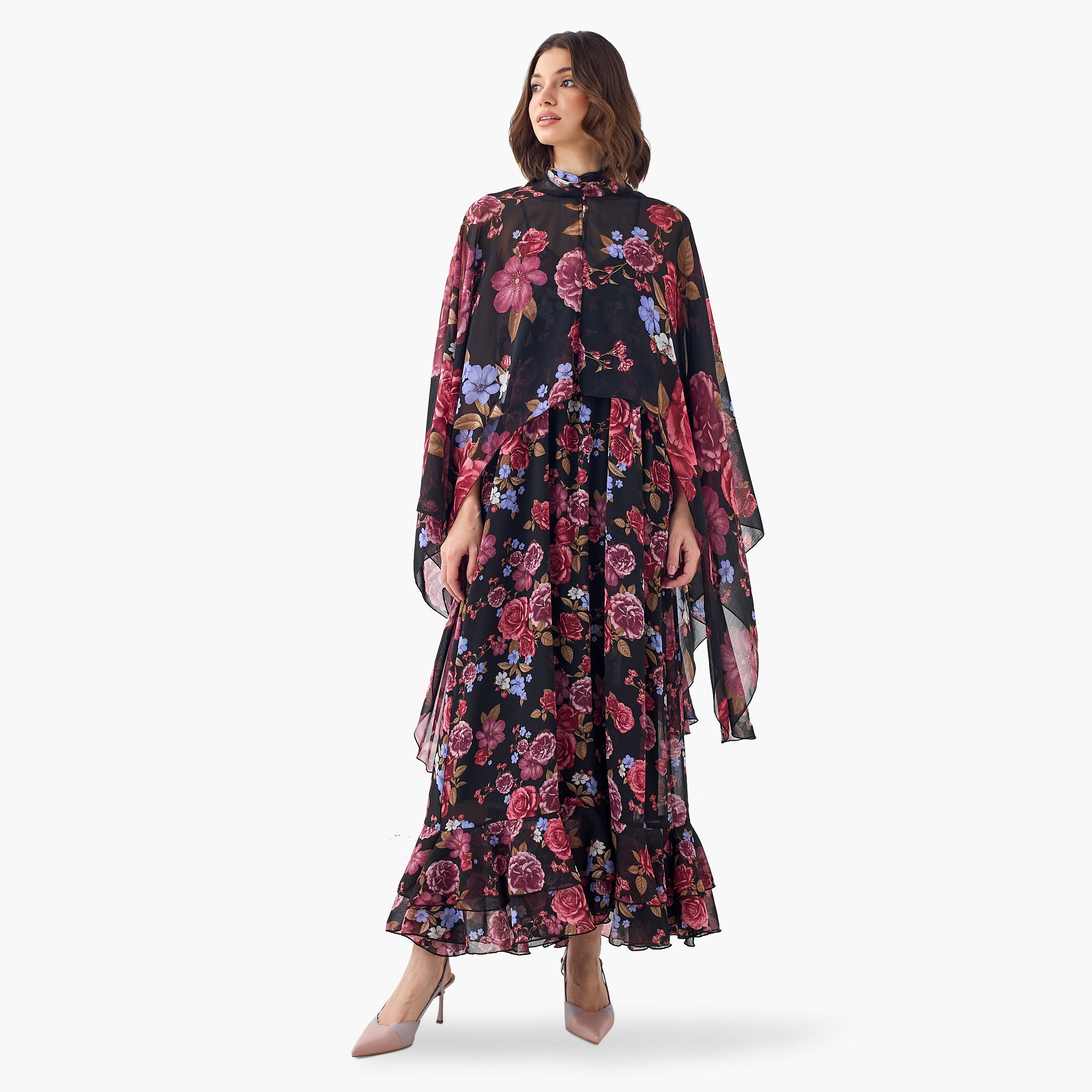 Iconic Floral Print Cape Maxi Dress with High Neck-women-clothing-dresses-image-1