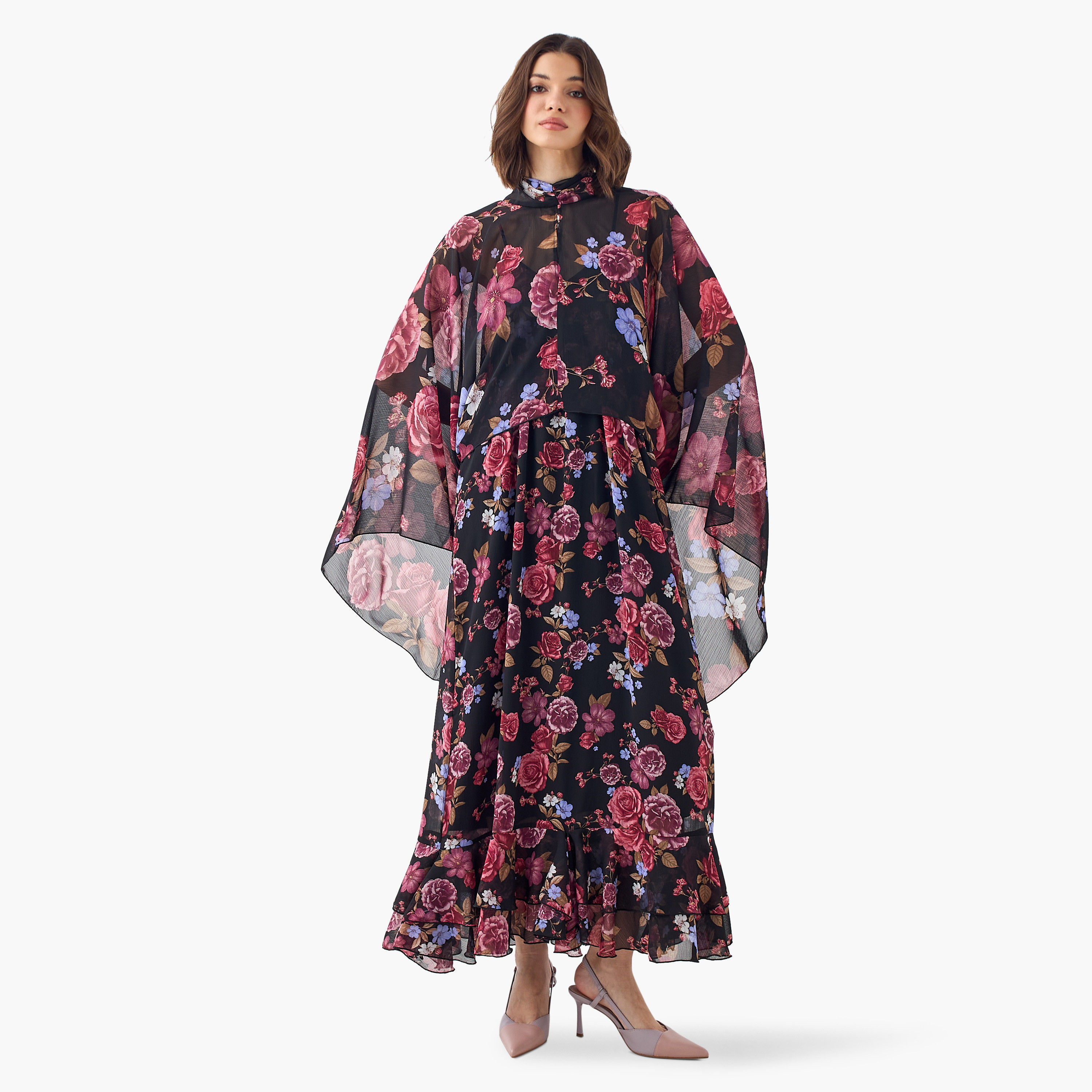 Iconic Floral Print Cape Maxi Dress with High Neck-women-clothing-dresses-image-3