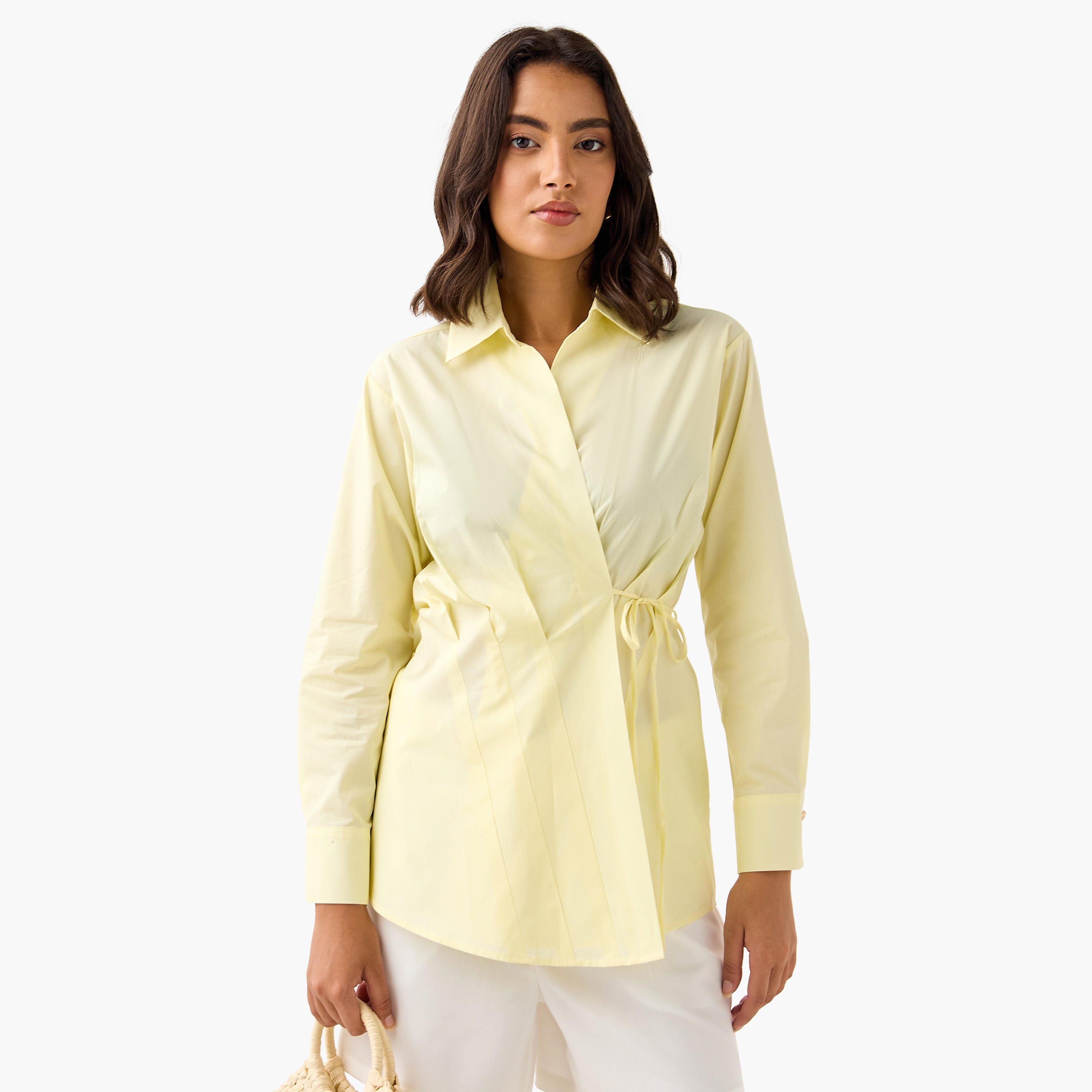 بلوزة بوبلين قطن ملفوفة بياقة عادية وأكمام طويلة من آيكونيك-women-clothing-shirtsandblouses-blouses-image-1