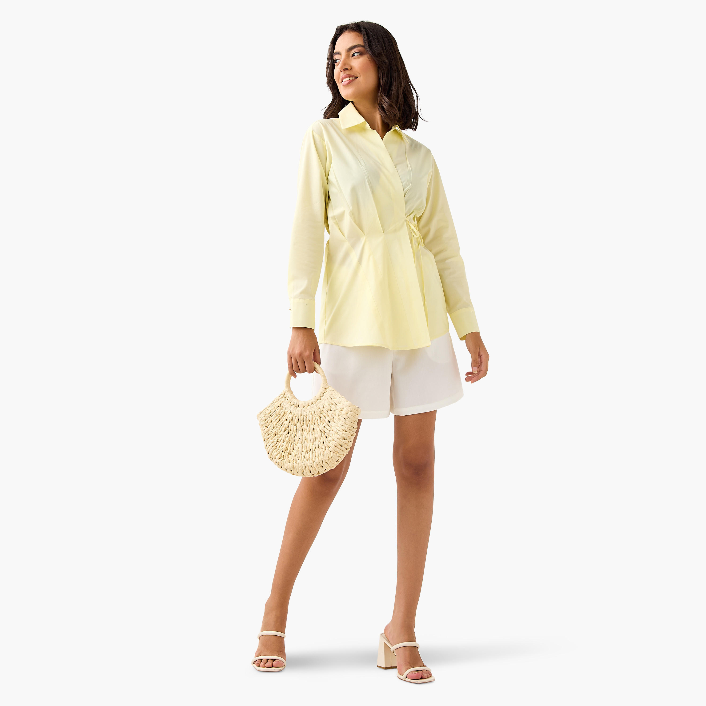بلوزة بوبلين قطن ملفوفة بياقة عادية وأكمام طويلة من آيكونيك-women-clothing-shirtsandblouses-blouses-image-2