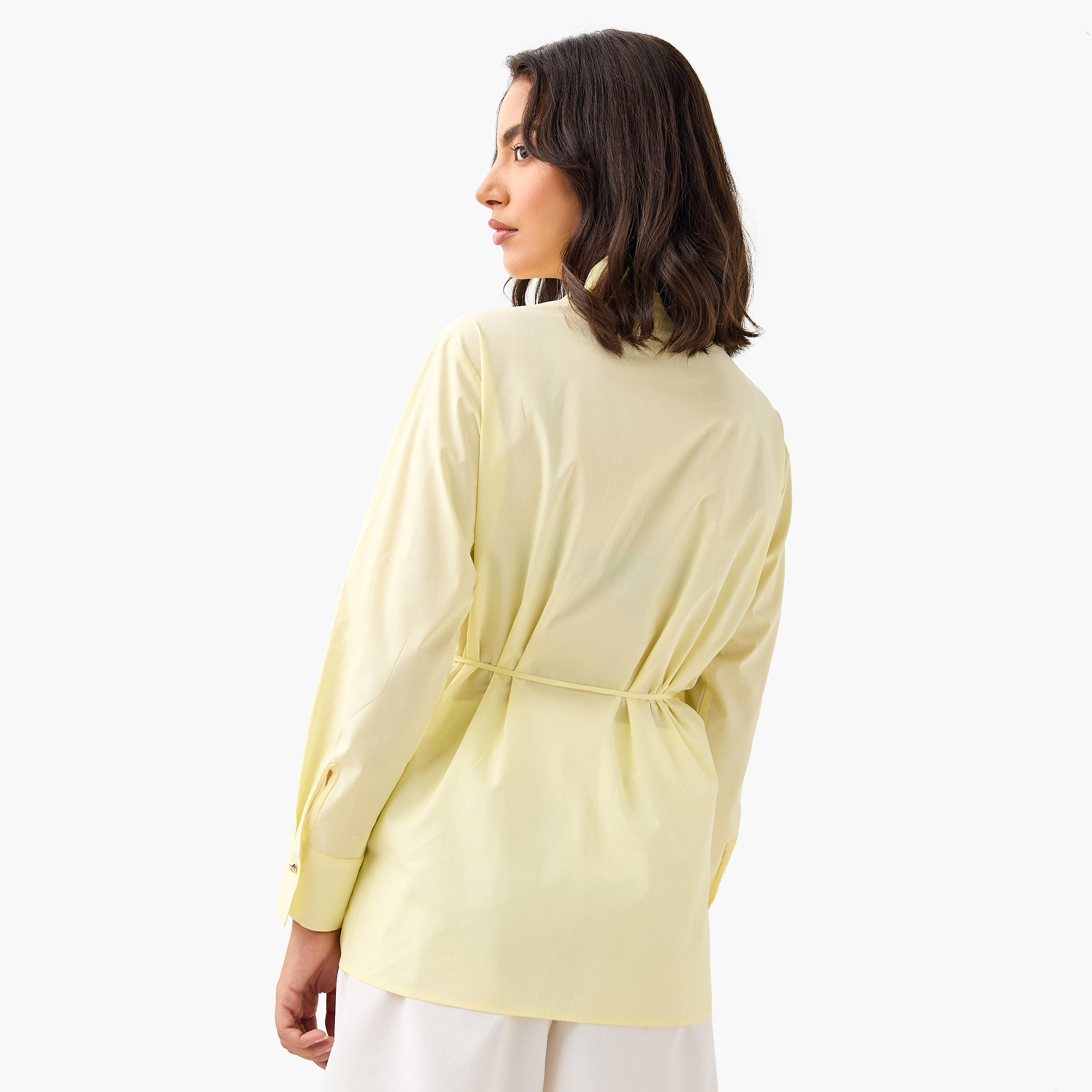 بلوزة بوبلين قطن ملفوفة بياقة عادية وأكمام طويلة من آيكونيك-women-clothing-shirtsandblouses-blouses-image-3