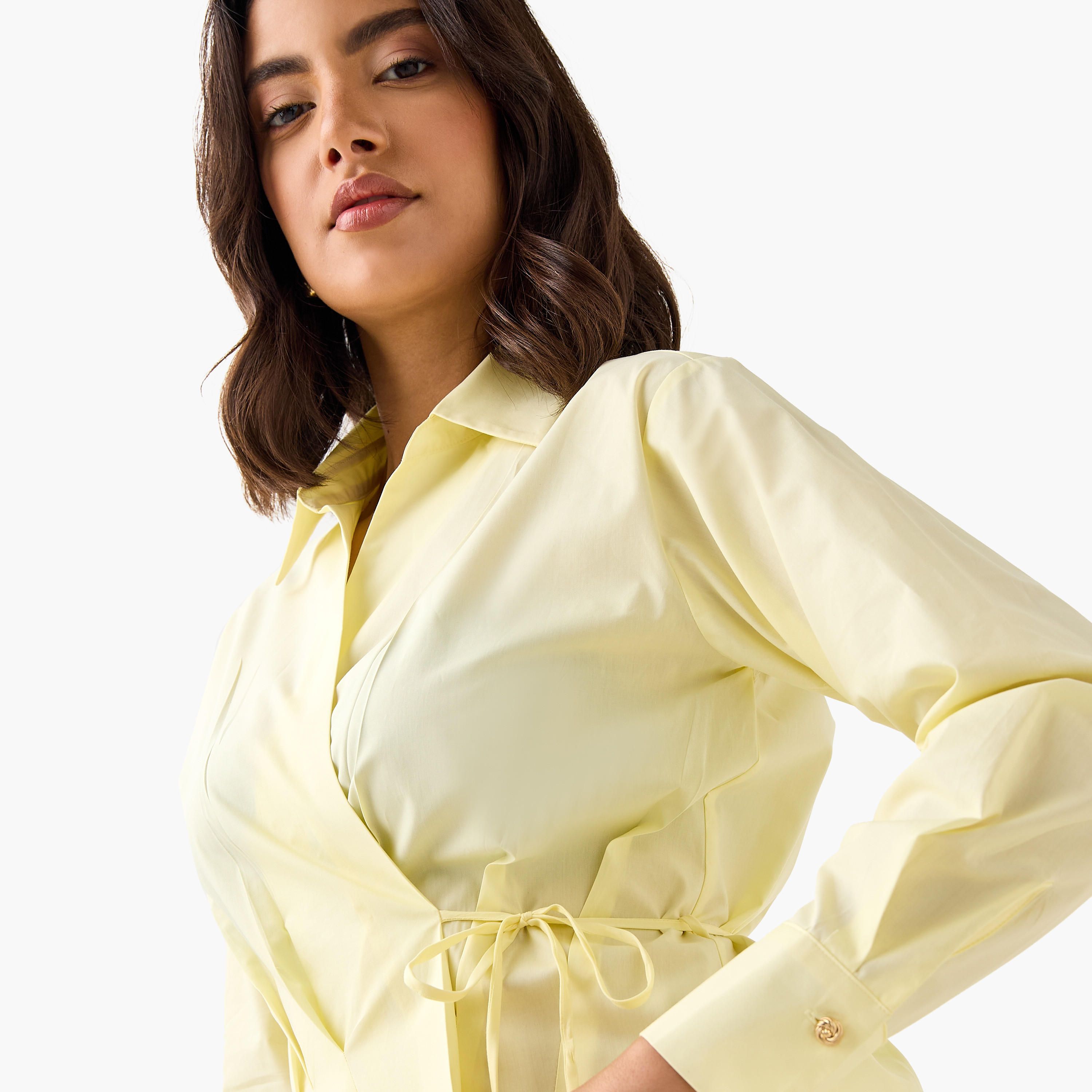 بلوزة بوبلين قطن ملفوفة بياقة عادية وأكمام طويلة من آيكونيك-women-clothing-shirtsandblouses-blouses-image-4