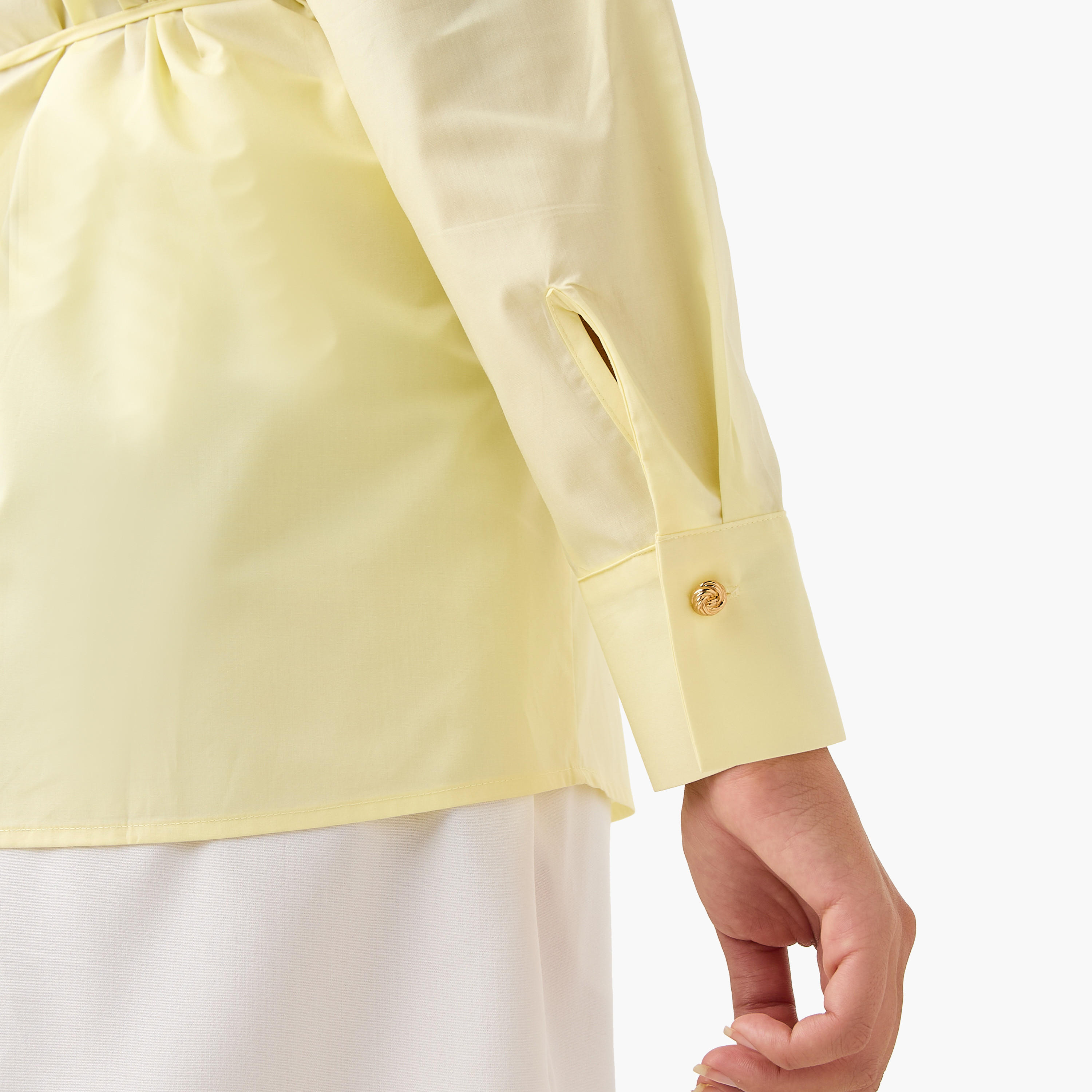 بلوزة بوبلين قطن ملفوفة بياقة عادية وأكمام طويلة من آيكونيك-women-clothing-shirtsandblouses-blouses-image-5