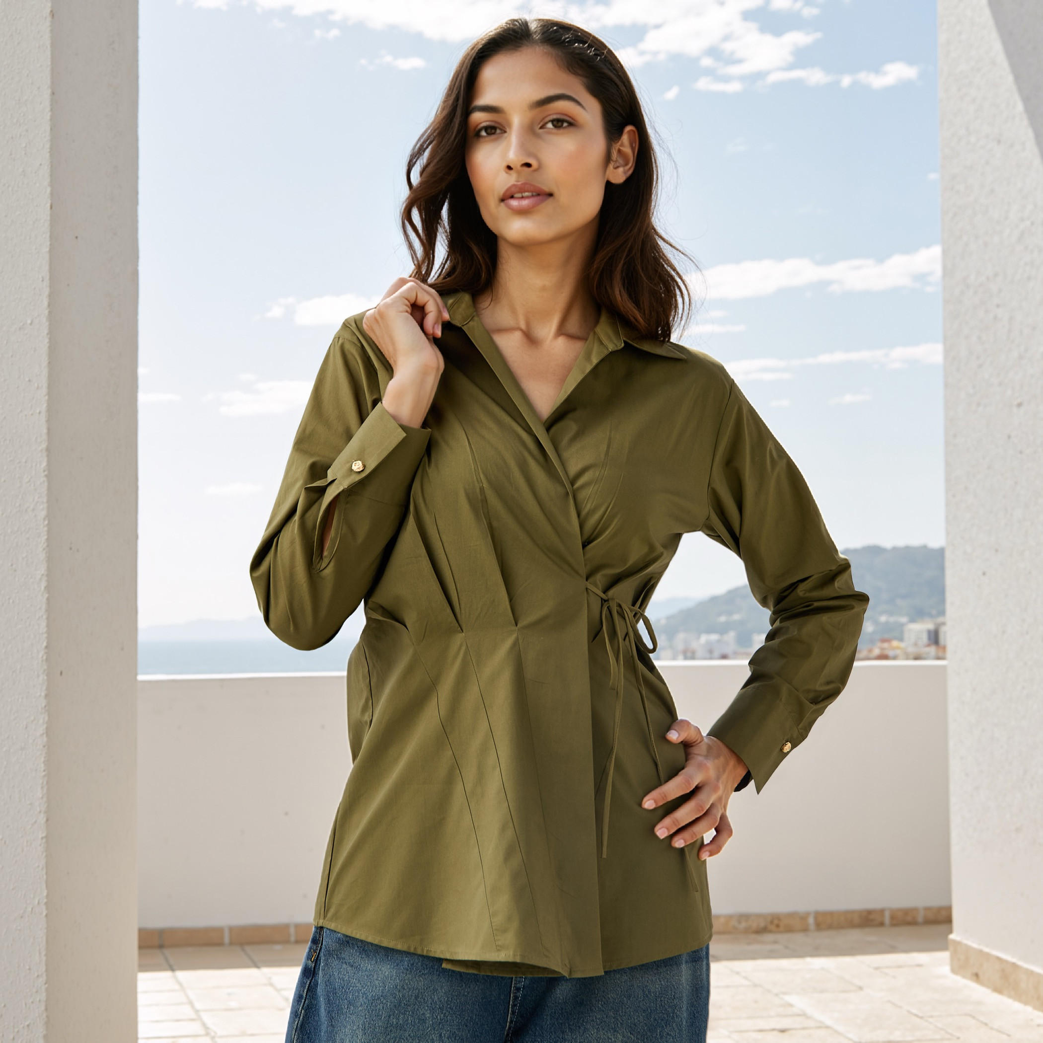 Iconic Poplin Wrap Cotton Top with Collar and Long Sleeves-women-clothing-shirtsandblouses-blouses-image-1