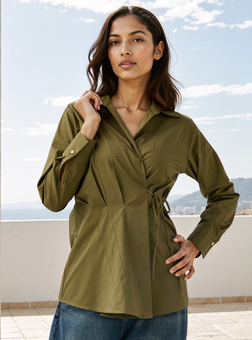 Iconic Poplin Wrap Cotton Top with Collar and Long Sleeves-women-clothing-shirtsandblouses-blouses-image-1