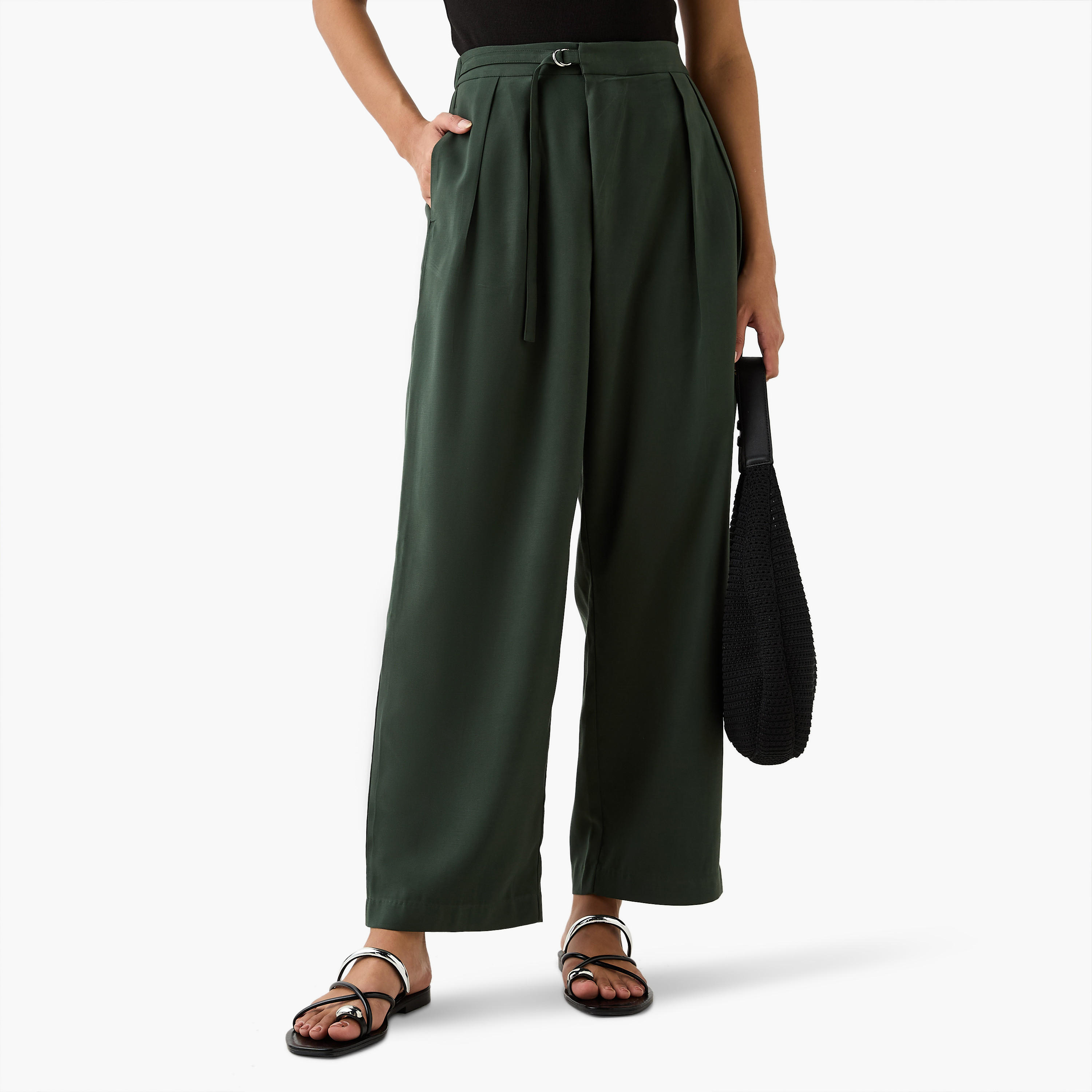 بنطلون بقصة عادية وتفاصيل إبزيم وجيوب من آيكونيك-women-clothing-bottoms-trousers-image-1