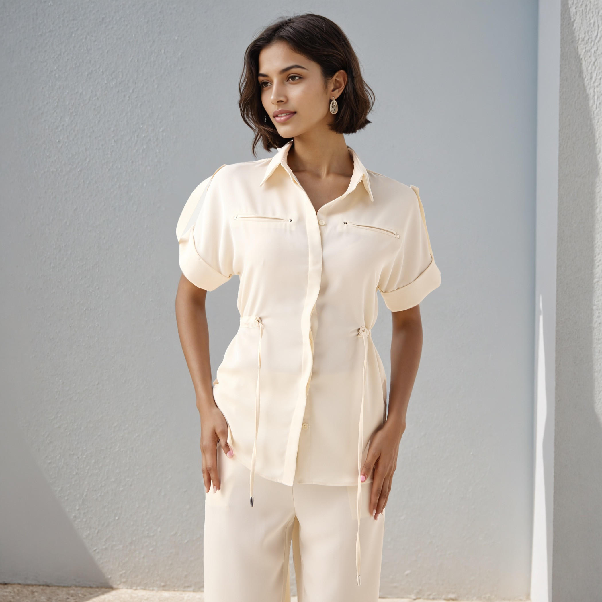 Iconic Regular Fit Collared Utility Viscose Shirt with Tie-Up Detail-women-clothing-shirtsandblouses-shirts-image-1