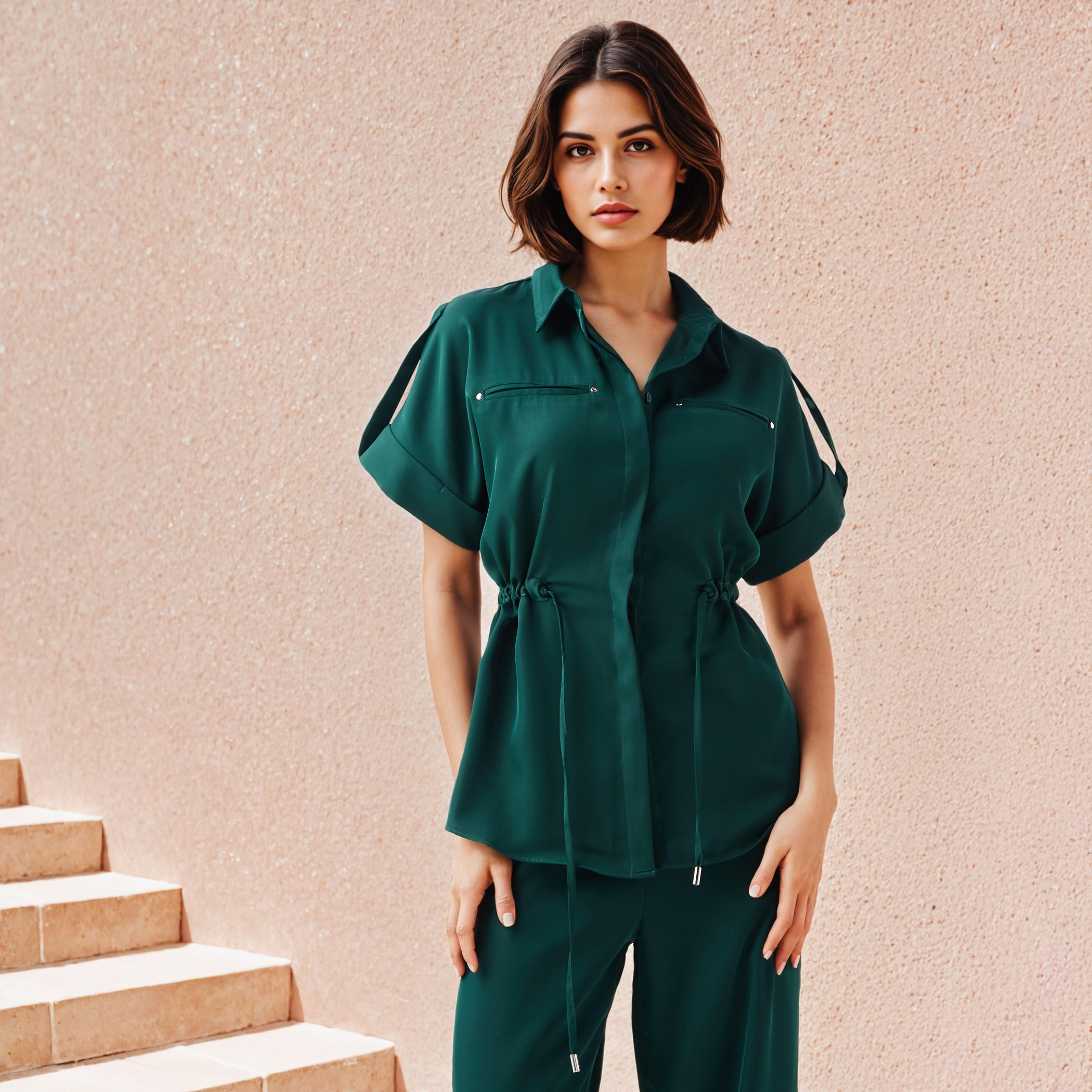 Iconic Regular Fit Collared Utility Viscose Shirt with Tie-Up Detail-women-clothing-shirtsandblouses-shirts-image-1