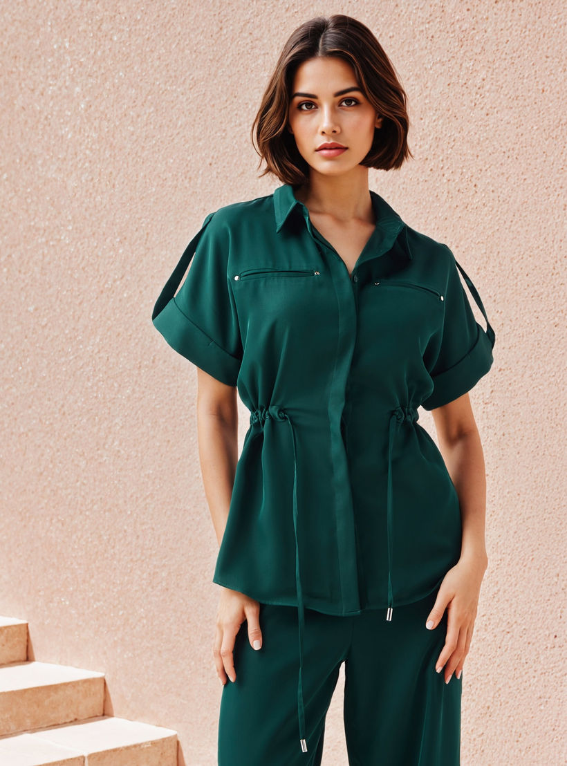 Iconic Regular Fit Collared Utility Viscose Shirt with Tie-Up Detail-women-clothing-shirtsandblouses-shirts-image-1