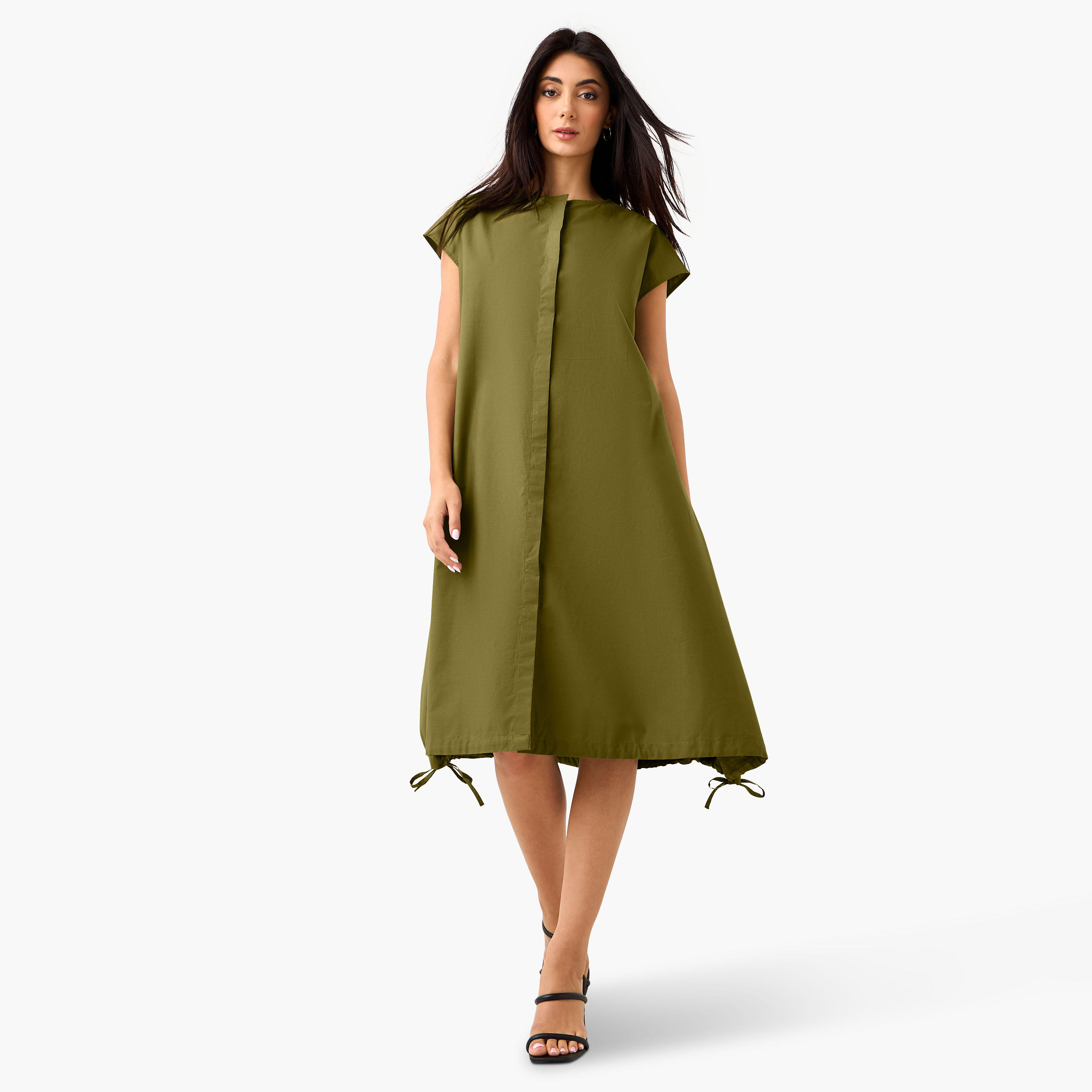 Iconic Button Down Cotton Dress with Tie-Ups-women-clothing-dresses-image-1