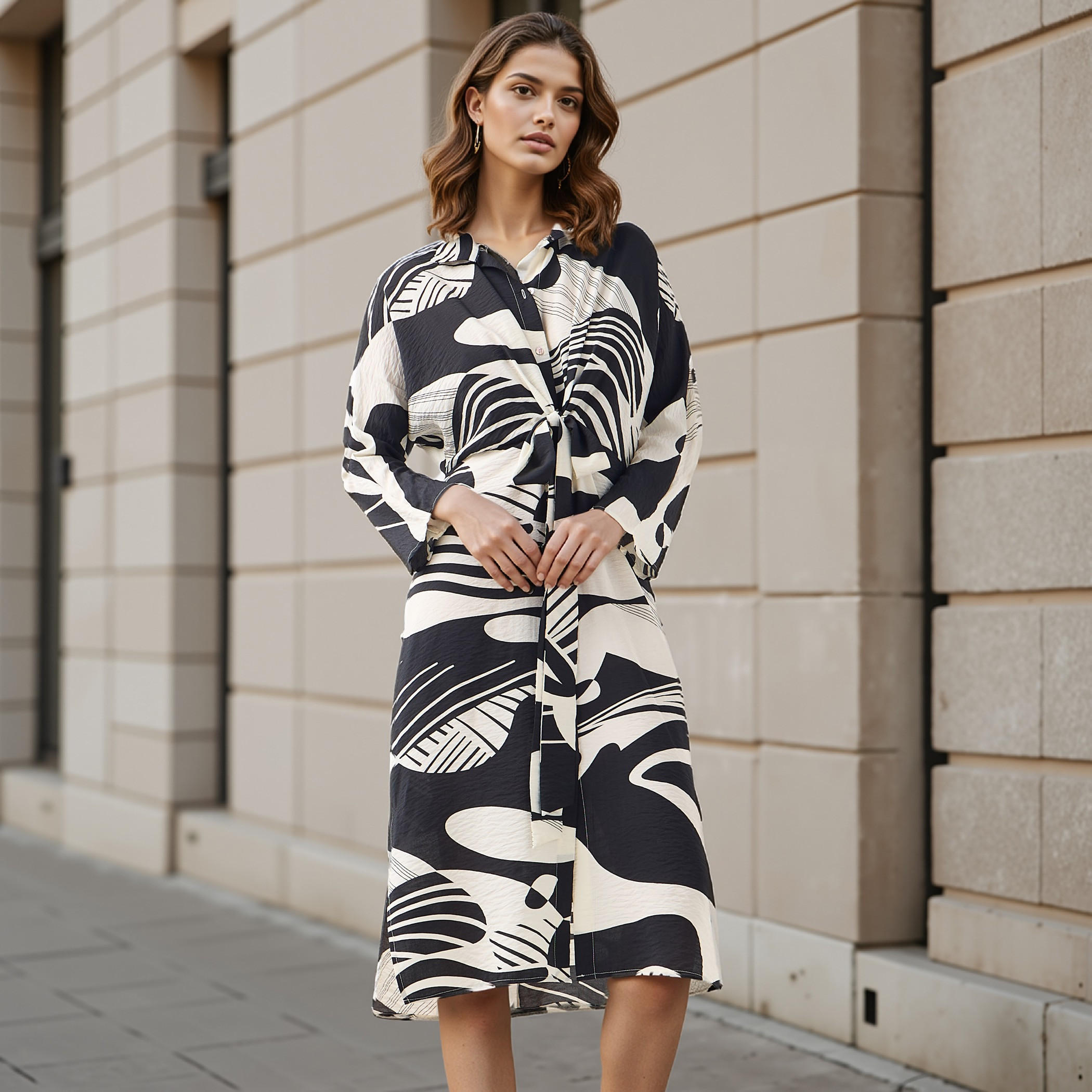 Iconic All-Over Print Shirt Dress with Knot Detail-women-clothing-dresses-image-1