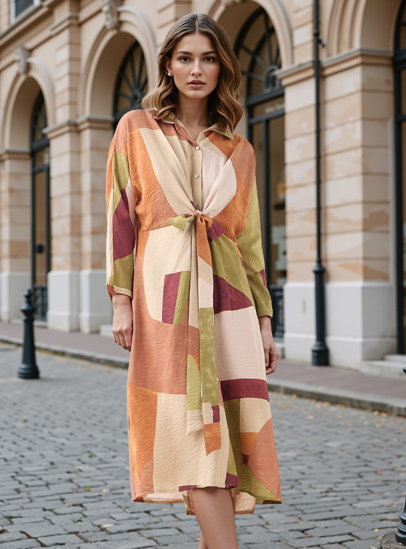 فستان قميص بتفاصيل عقدة وطبعات من آيكونيك-women-clothing-dresses-image-1