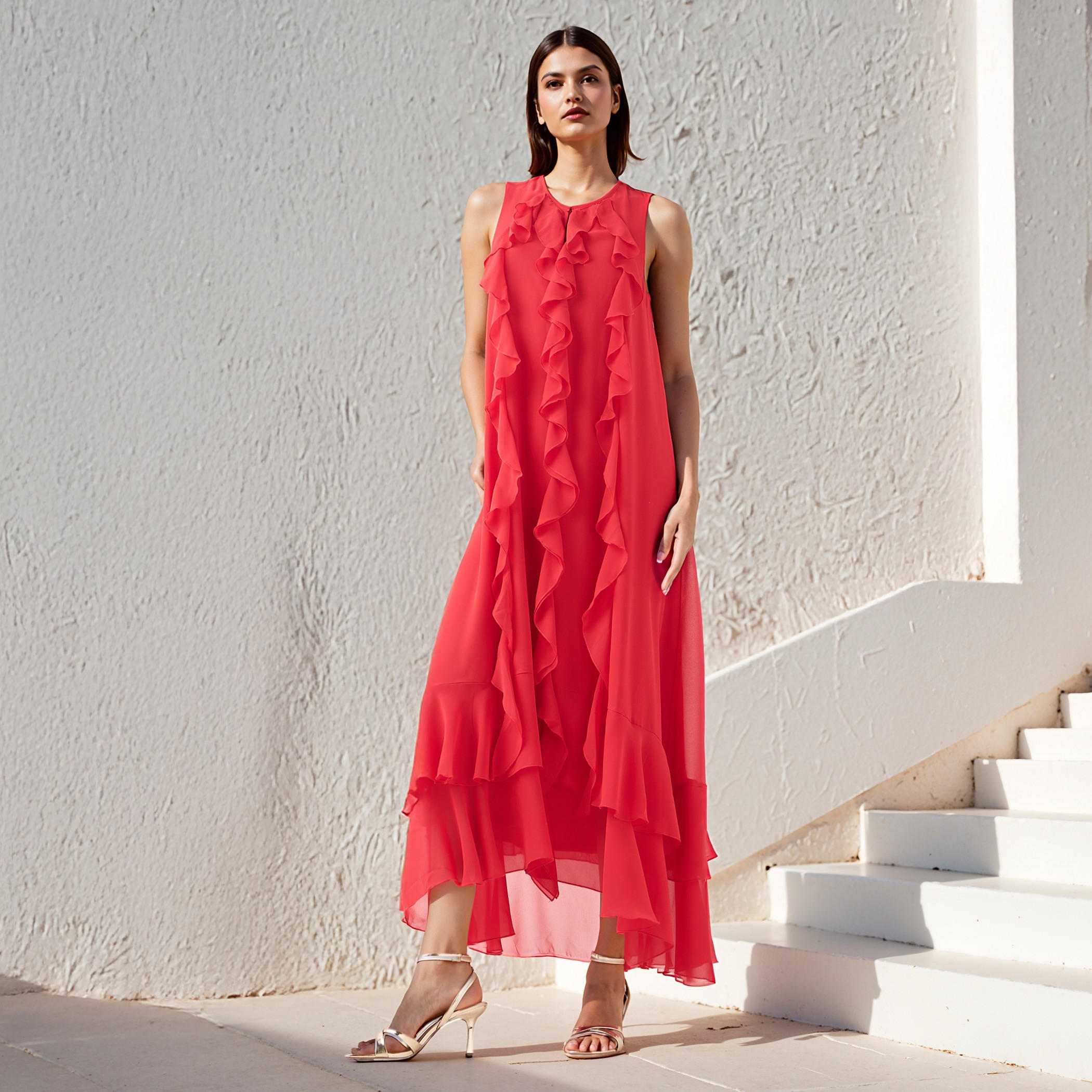 Iconic Ruffle Detail Column Sleeveless Dress with V-neck-women-clothing-dresses-image-2
