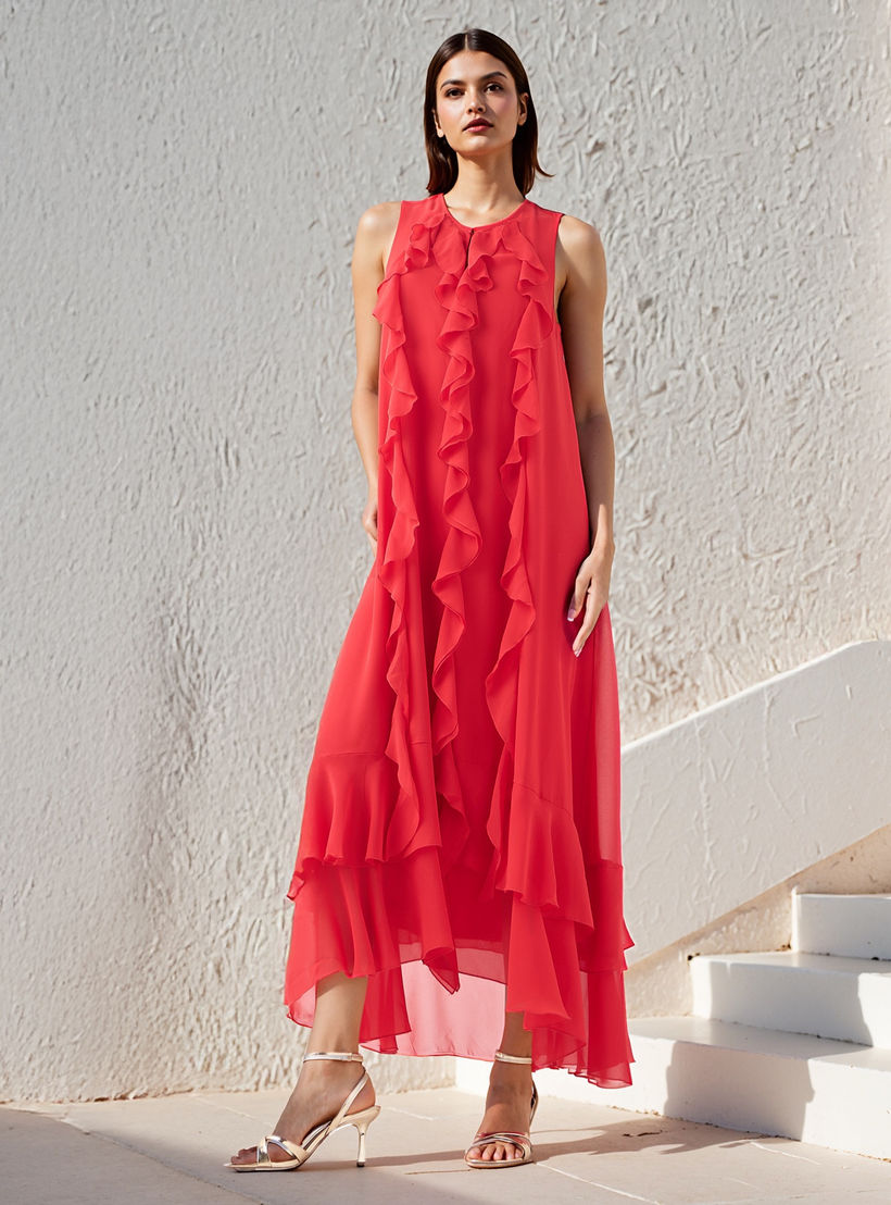 Iconic Ruffle Detail Column Sleeveless Dress with V-neck-women-clothing-dresses-image-2