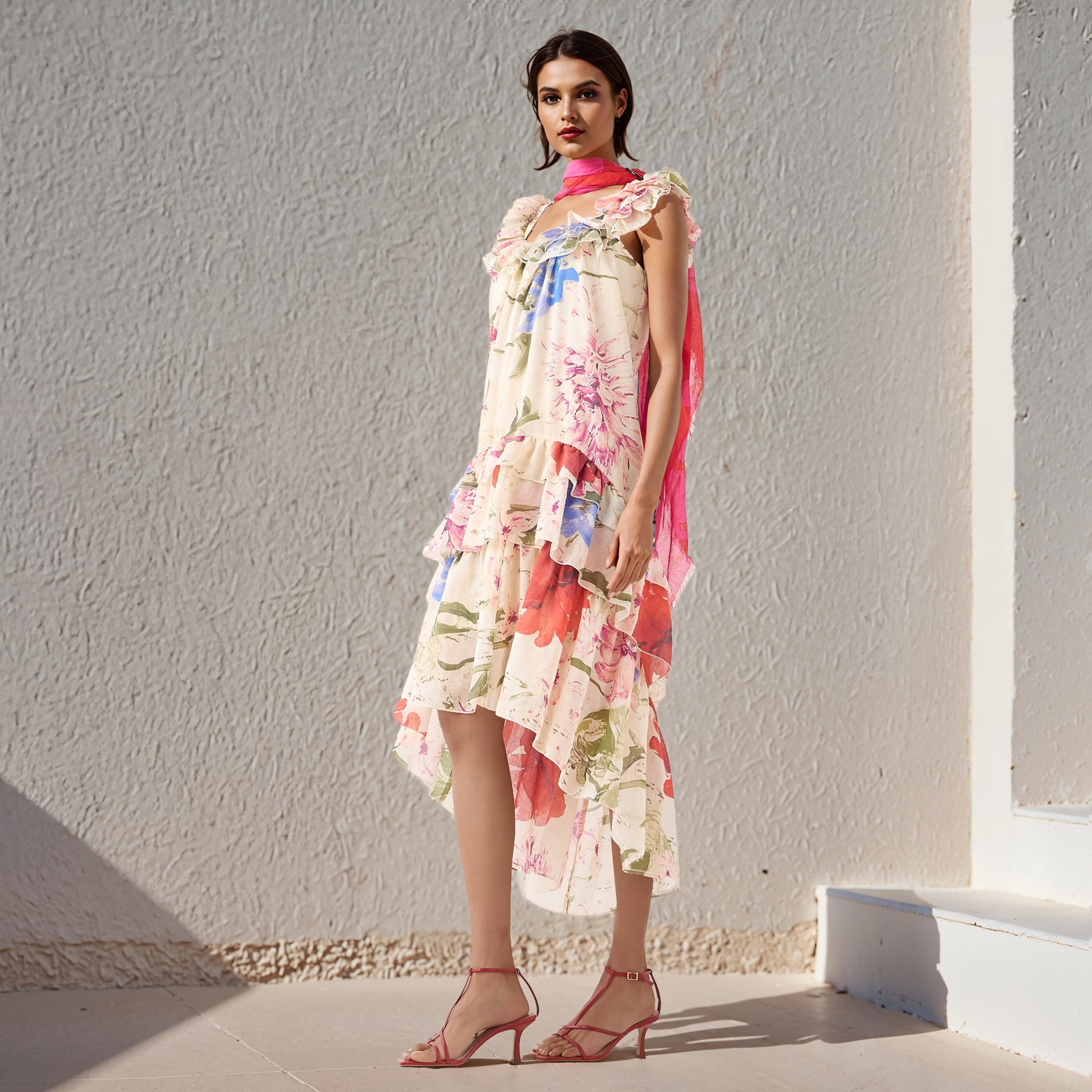 Iconic Floral Print Sleeveless Linen Blend Dress with Scoop Neck and Ruffle Detail-women-clothing-dresses-image-1