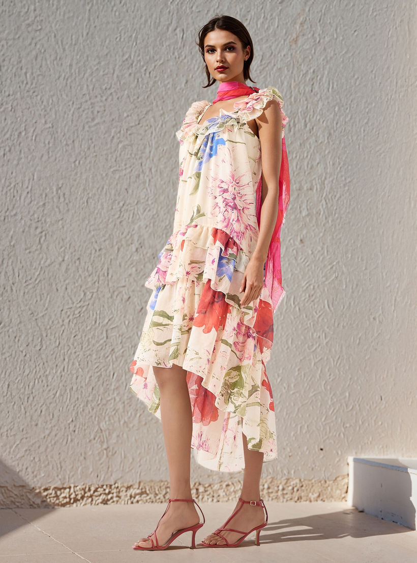 Iconic Floral Print Sleeveless Linen Blend Dress with Scoop Neck and Ruffle Detail-women-clothing-dresses-image-1