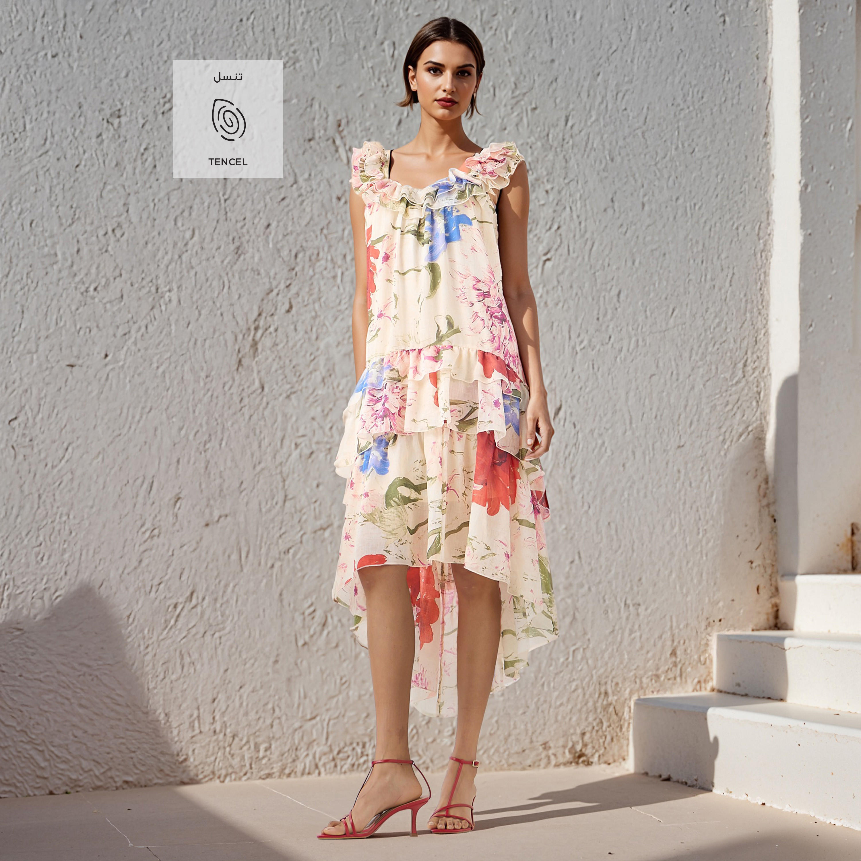 Iconic Floral Print Sleeveless Linen Blend Dress with Scoop Neck and Ruffle Detail-women-clothing-dresses-image-2