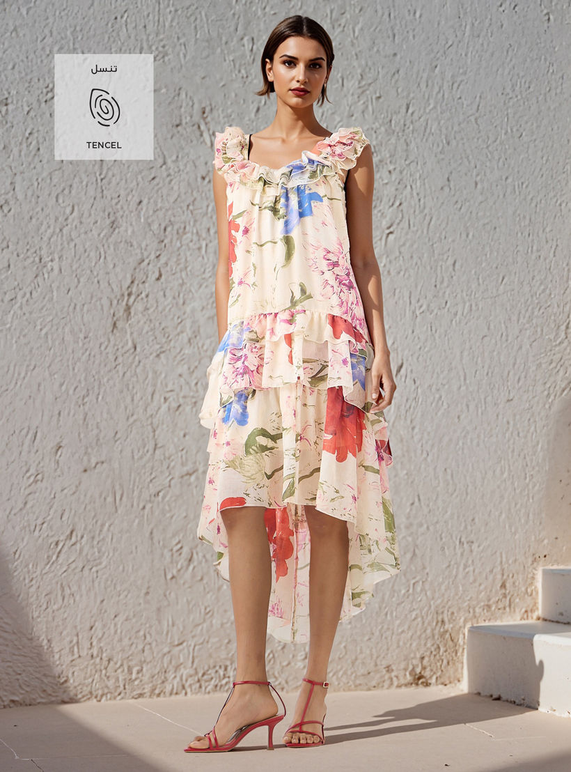 Iconic Floral Print Sleeveless Linen Blend Dress with Scoop Neck and Ruffle Detail-women-clothing-dresses-image-2